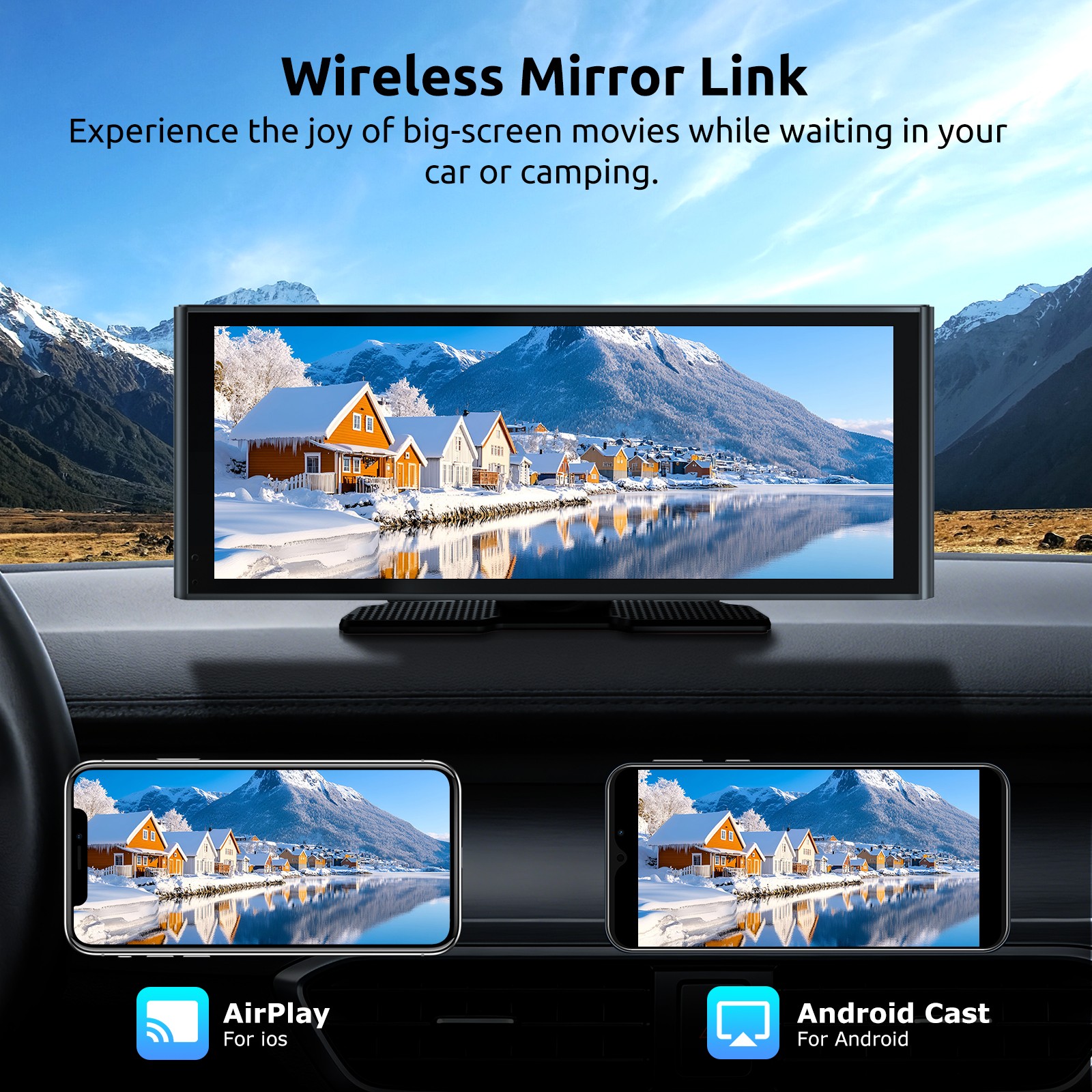 10.26″ 2K Car Portable Wireless Apple CarPlay Android Touch Screen Radio FM +DVR