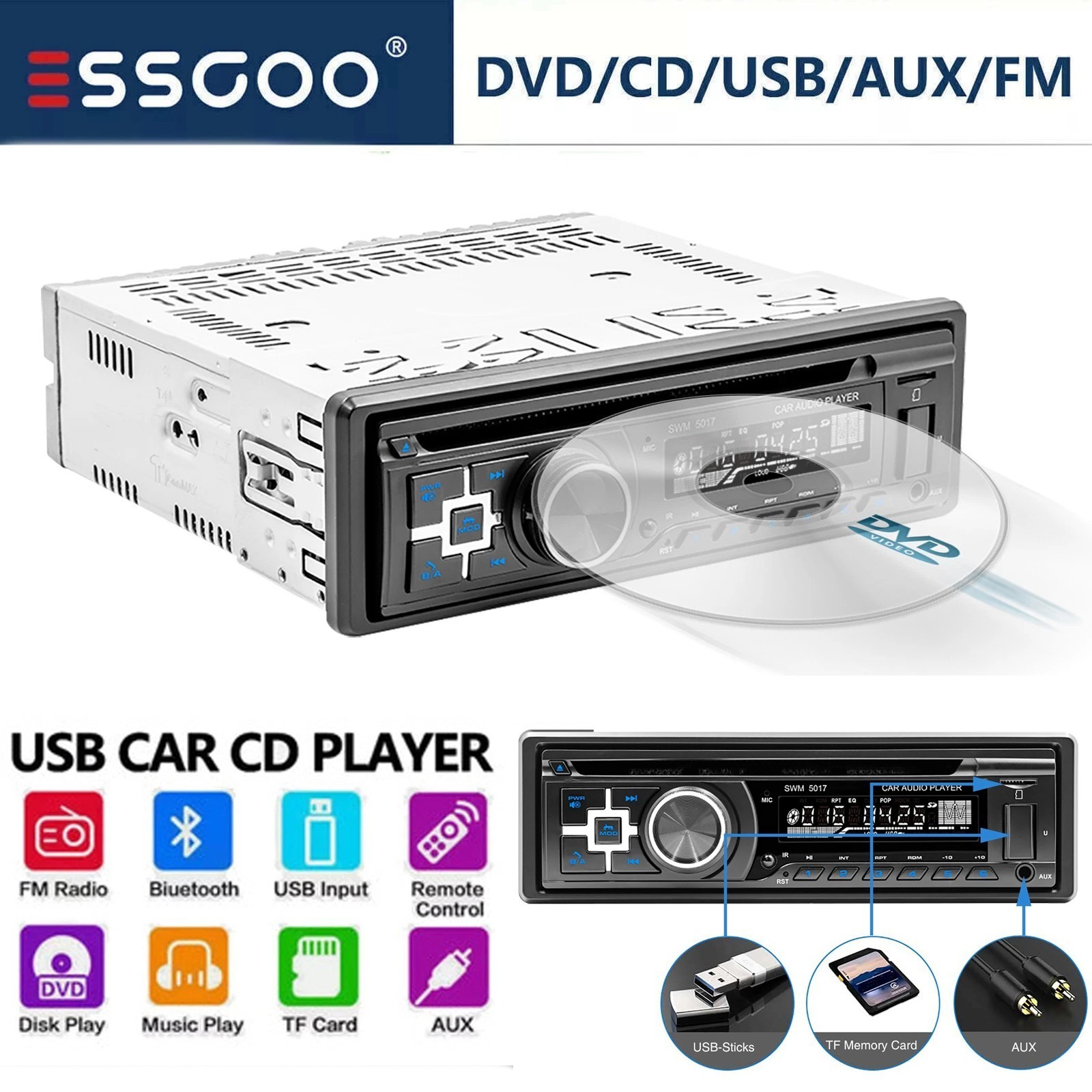 Single 1 Din Car Stereo Radio CD/DVD Player USB Bluetooth FM/AM/RDS SD AUX EQ