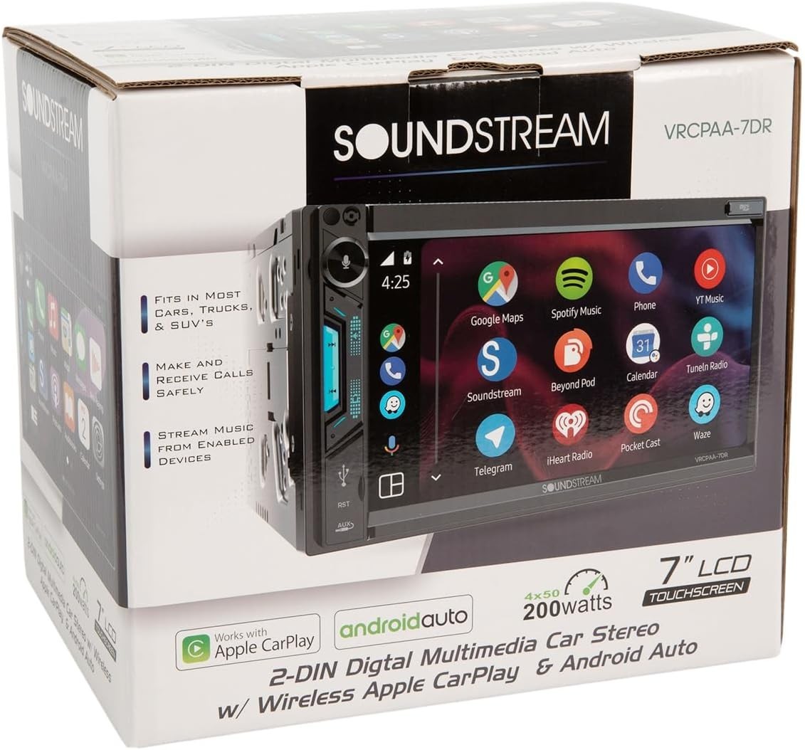 Soundstream VRCPAA-7DR – 7″ Double Din Car Stereo, Wireless CarPlay Android Auto