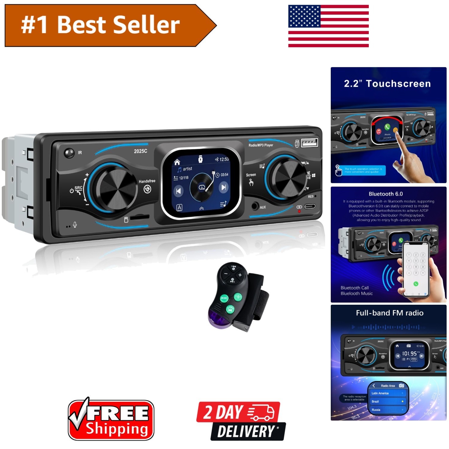 Multi-Feature Single Din Stereo with Touchscreen, Bluetooth & 60W Audio Output
