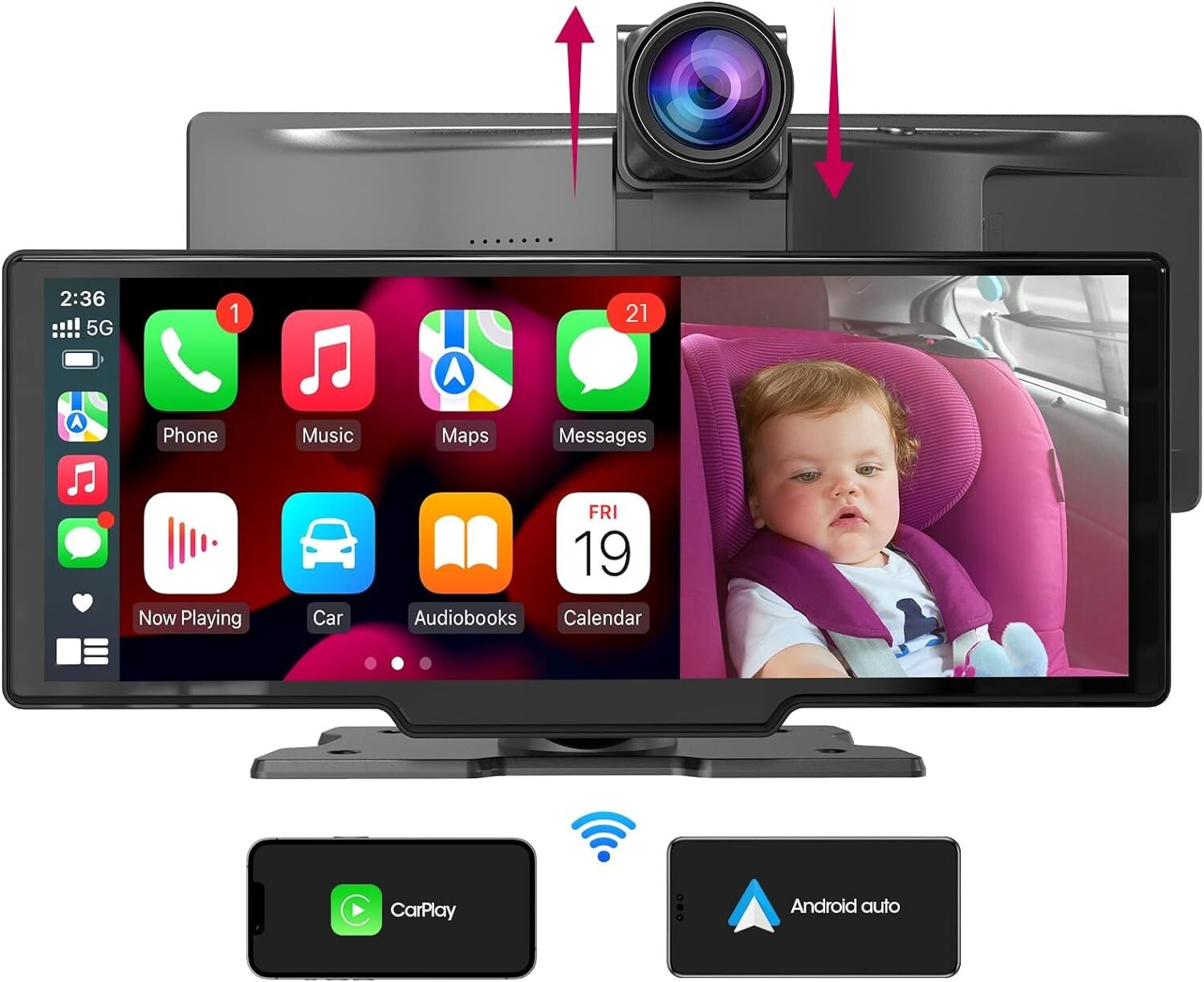 Wireless CarPlay 10.26″ Touchscreen Dash Mount Android Car Stereo 2.5K Dash Cam