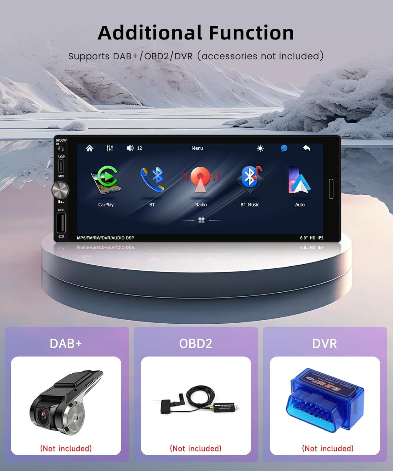 Car Stereo Single Din Wireless Carplay 6.9 Inch Touch Screen Android Auto, Car