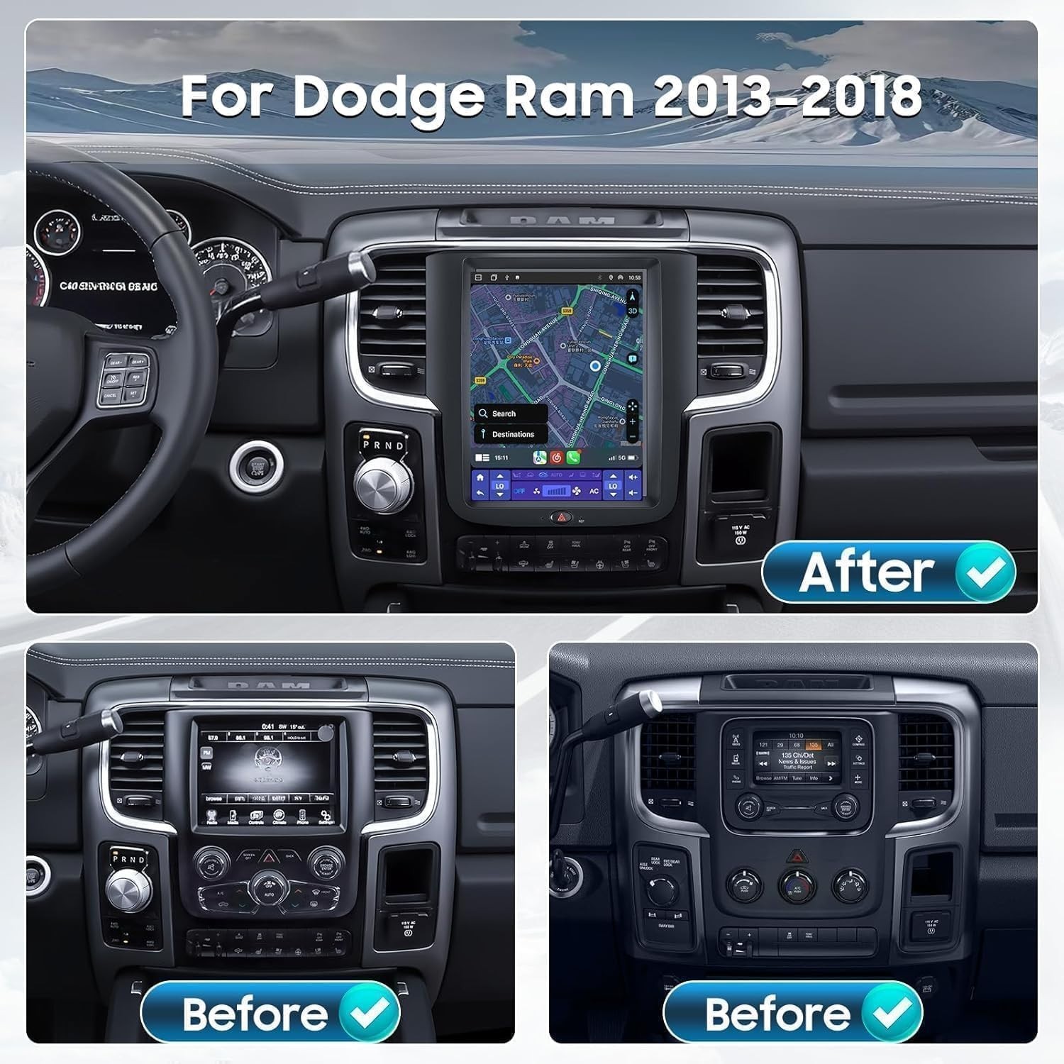 10.4″ Car Radio Upgrade Dash Kit for 13-18 Dodge Ram Android 13 8Core 4+64GB