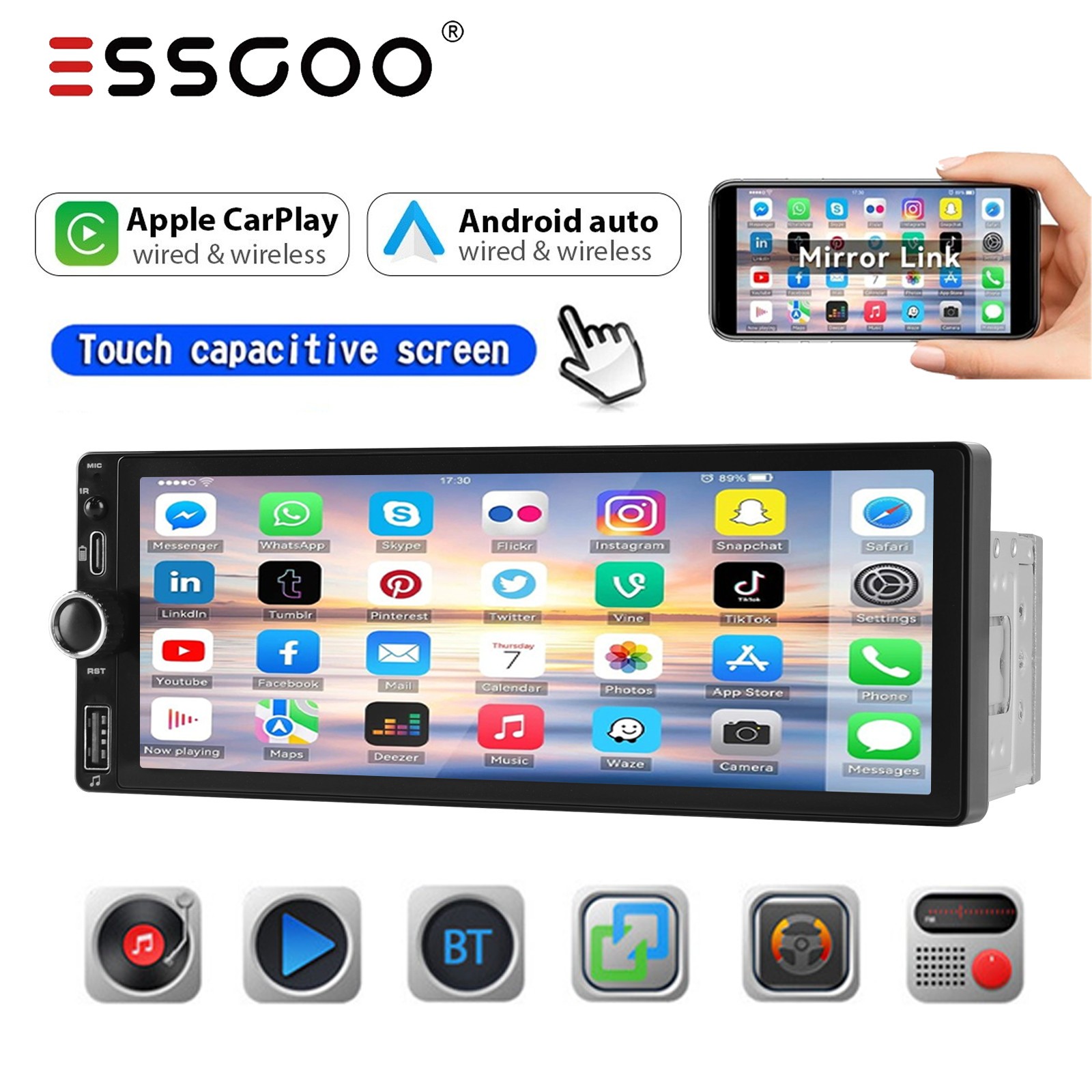 6.86″ Single 1 DIN Car Stereo Touch Screen Radio for Apple Carplay MP5 Player FM