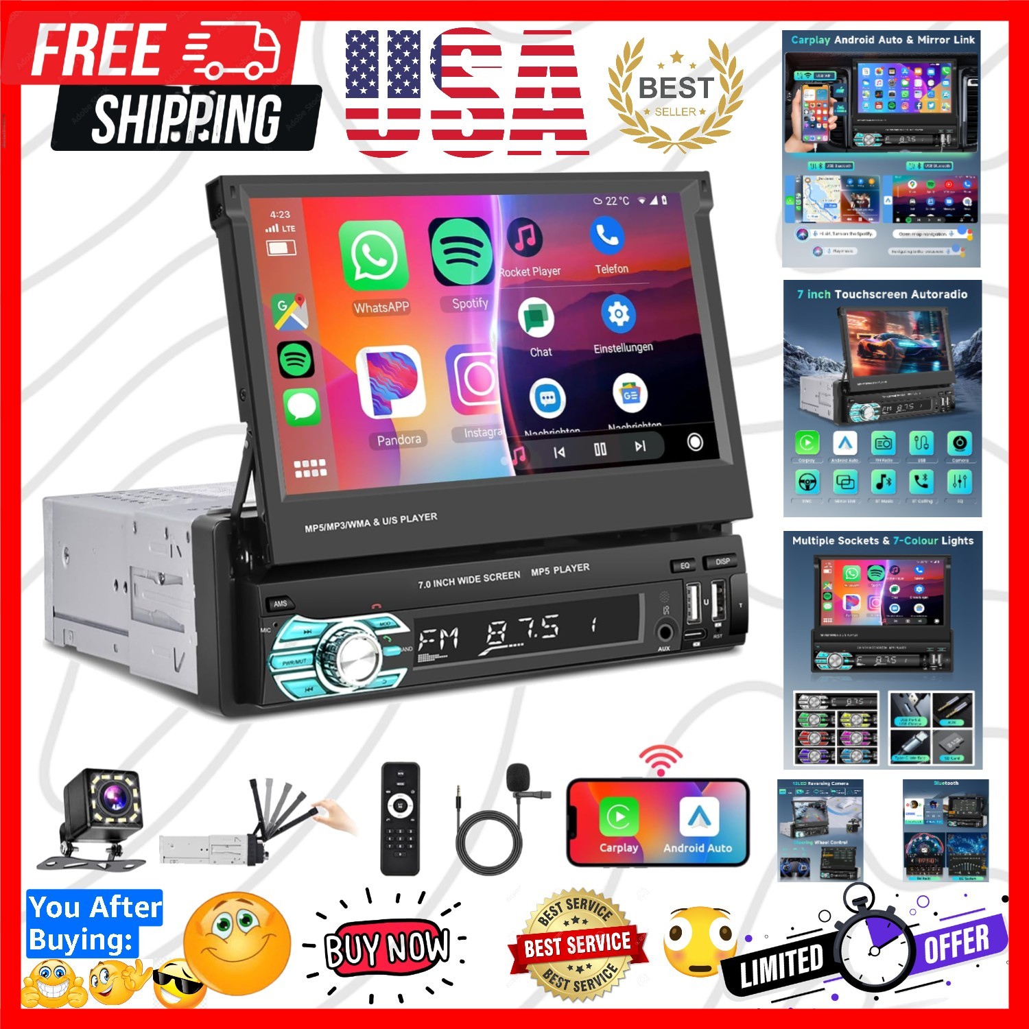Wireless Carplay Single Din Car Stereo 7 Inch HD Flip Out Touchscreen Car Rad…