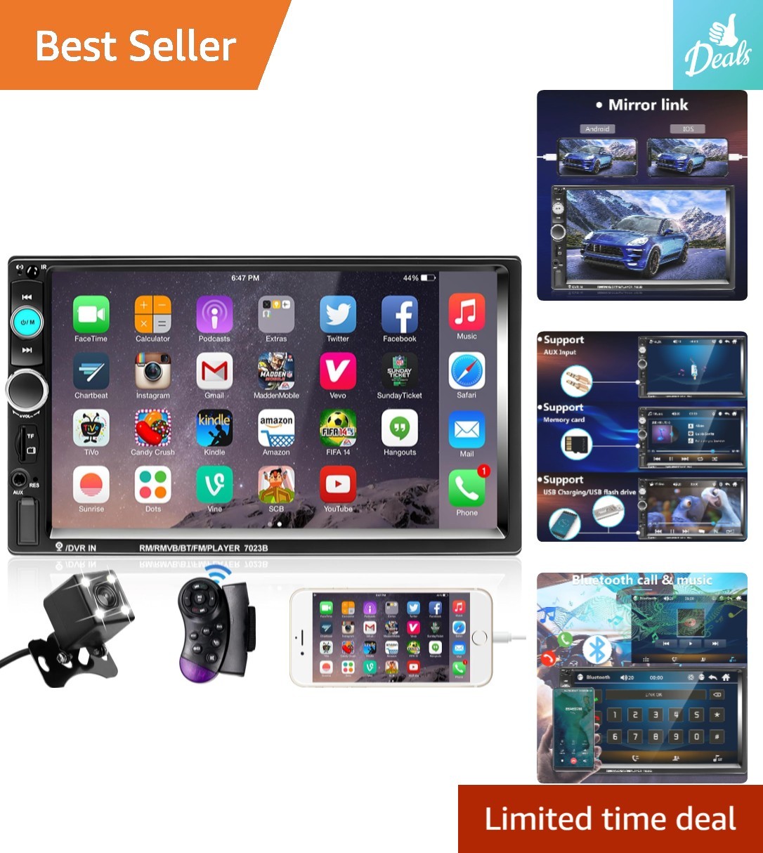 Multimedia Double Din Car Stereo with 7″ Touch Screen & Built-in Backup Camera