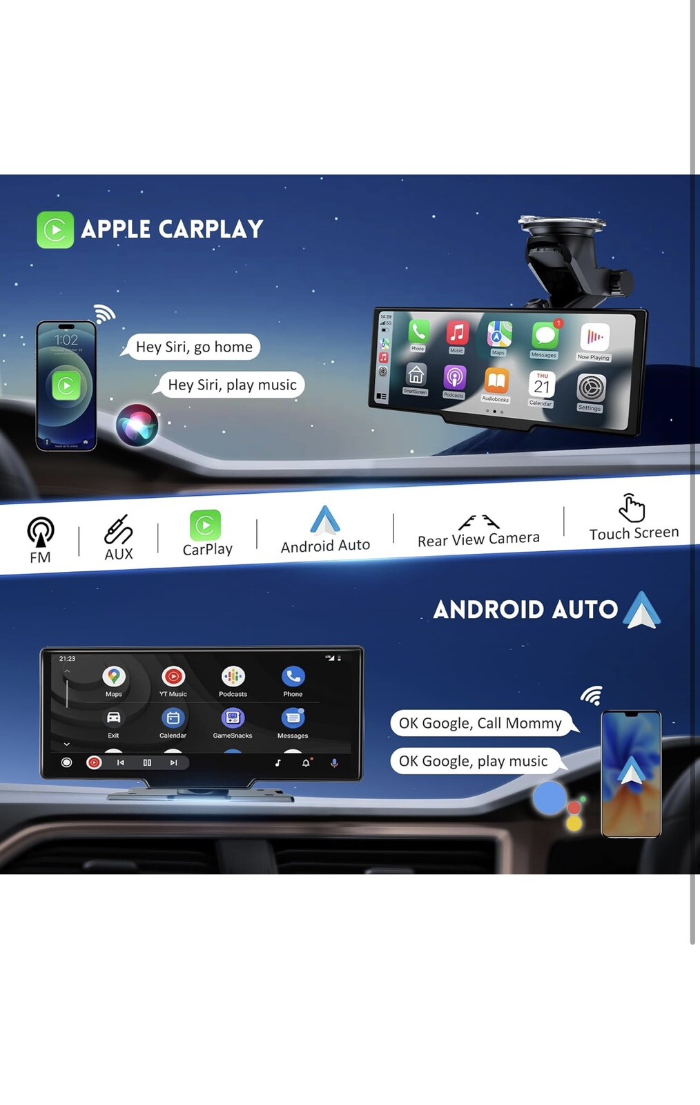 10.26″ HD Wireless Android & Carplay Screen for Car, Portable Touchscreen 4K
