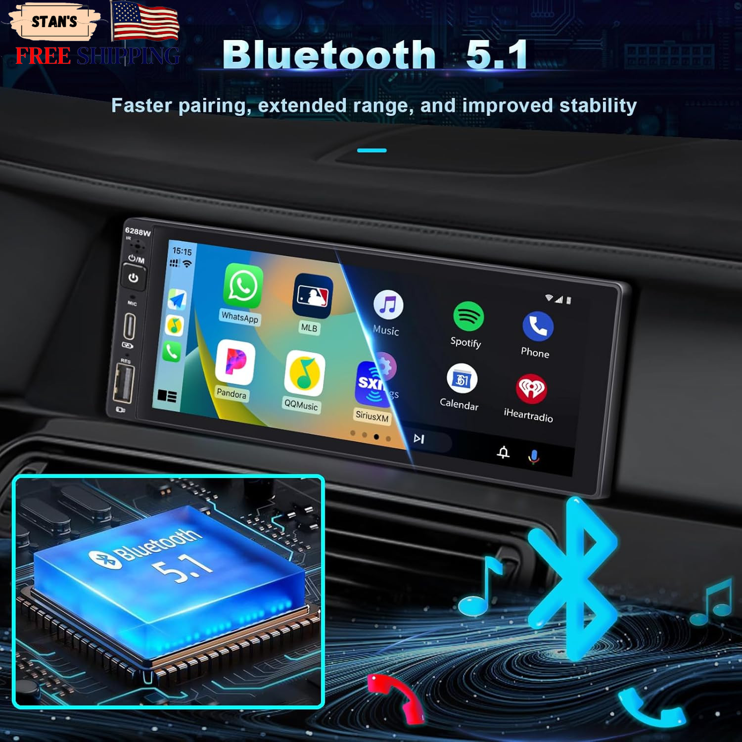 Wireless Single Din Car Stereo with Apple Carplay,Ips Touch Screen Car Radio wit