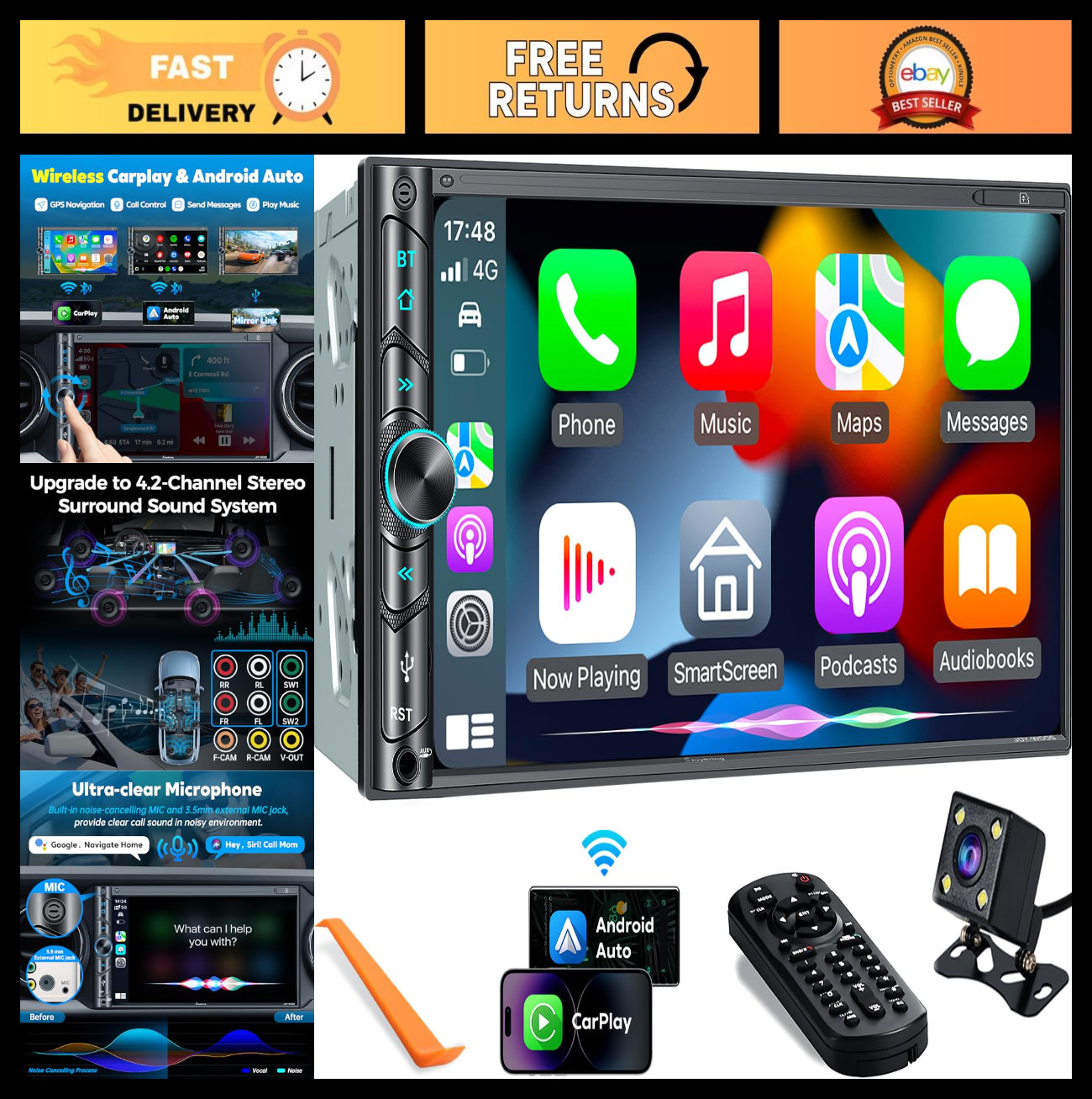 Wireless Double Din Car Stereo – Carplay, Android Auto, Bluetooth, 7″ Touchscree