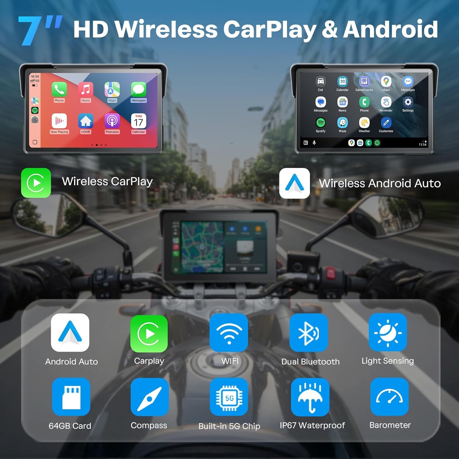 7in Motorcycle carplay Screen GPS 4K Dual Dash Camera,Bluetooth Audio BSD TPMS