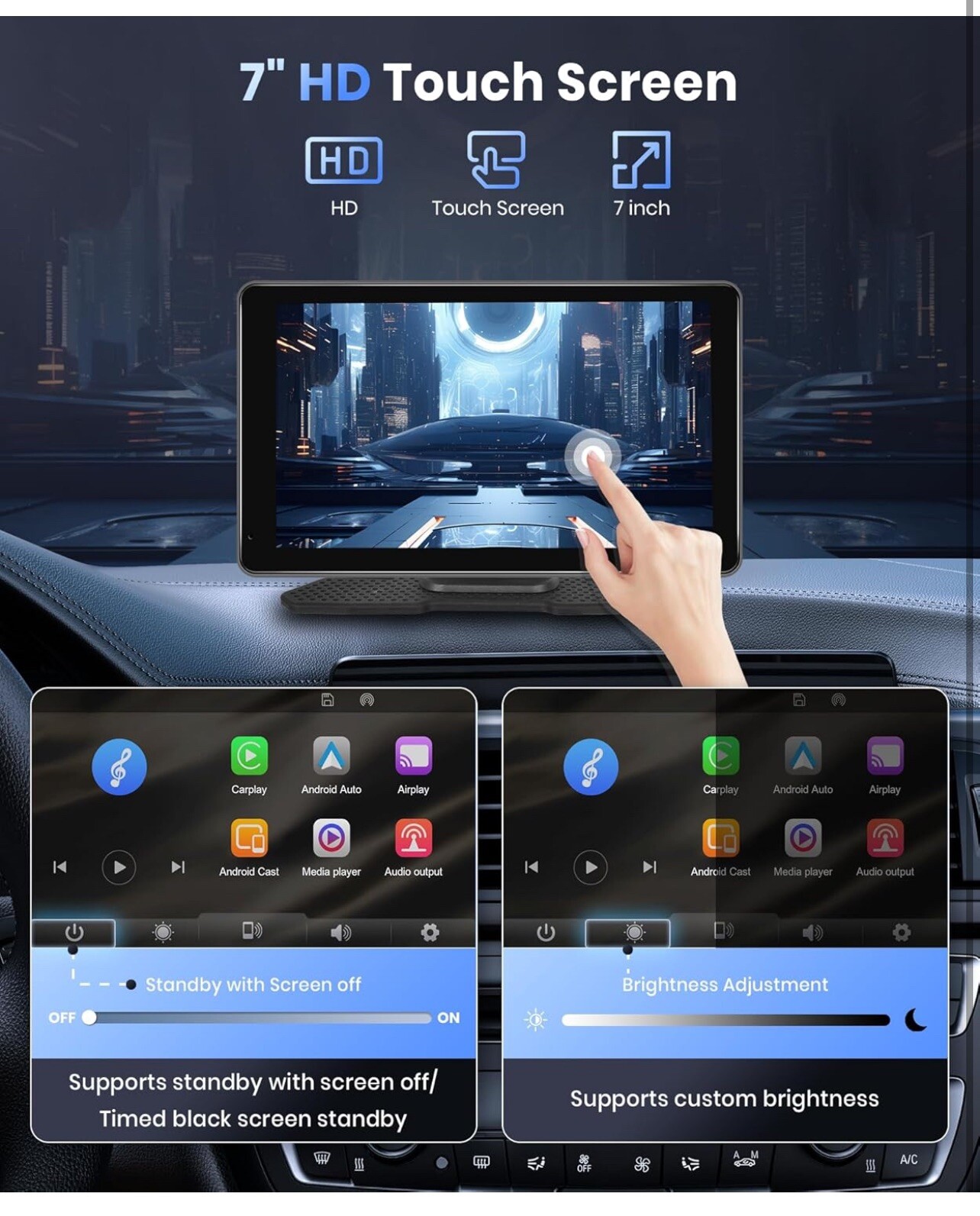 Podofo Wireless Carplay Screen for Car, 7 inch HD IPS Touch Screen Portable Radi