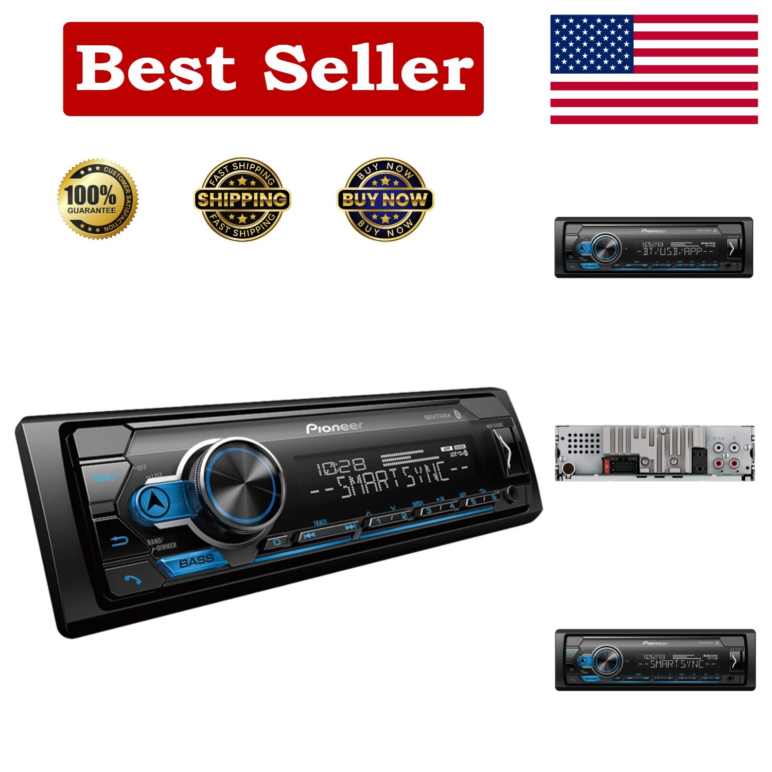 Single Din Pioneer MVH-S310BT Digital Media Receiver with MIXTRAX and AUX Input