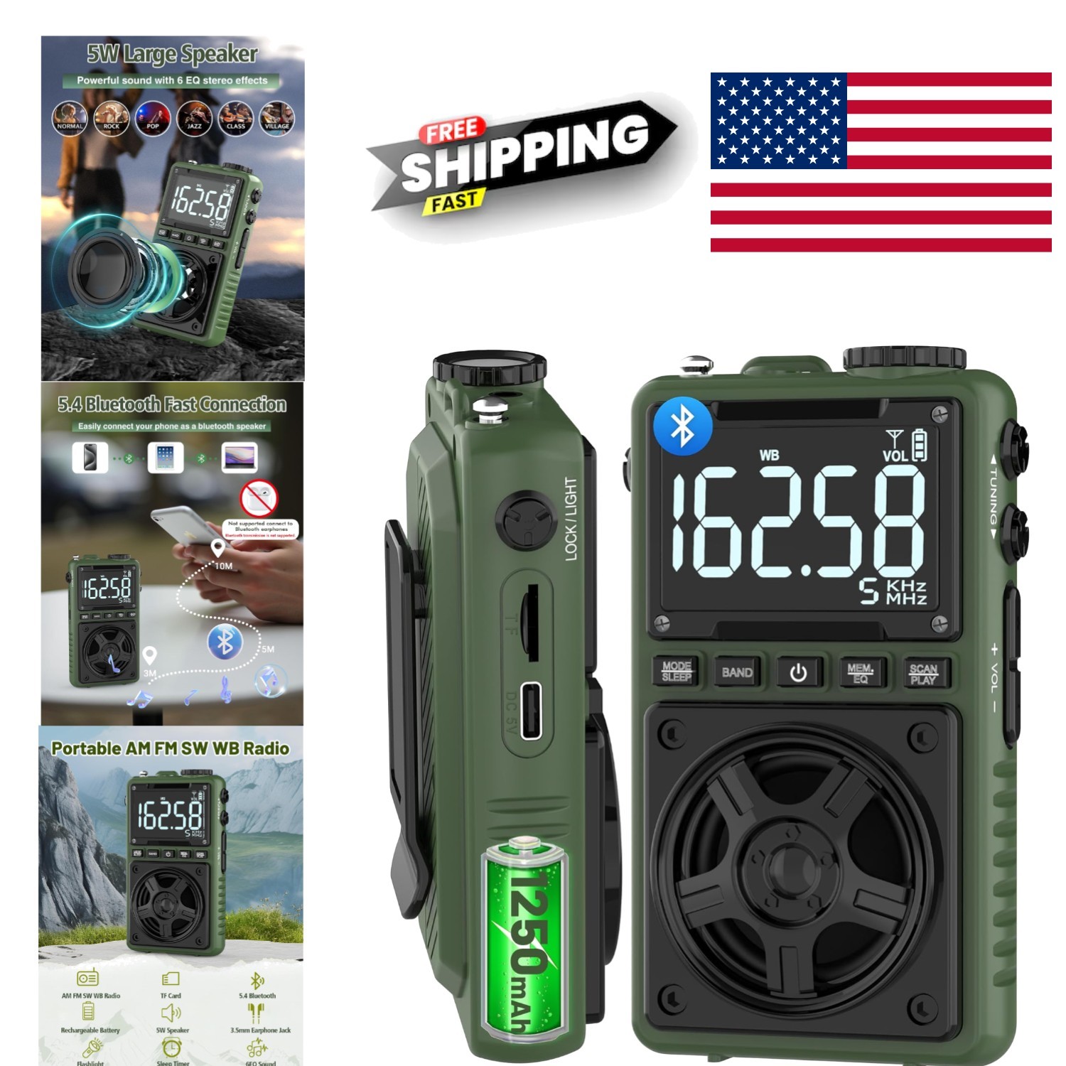 Multi-Band Portable Radio with Rechargeable Battery NOAA Weather Alert and Large