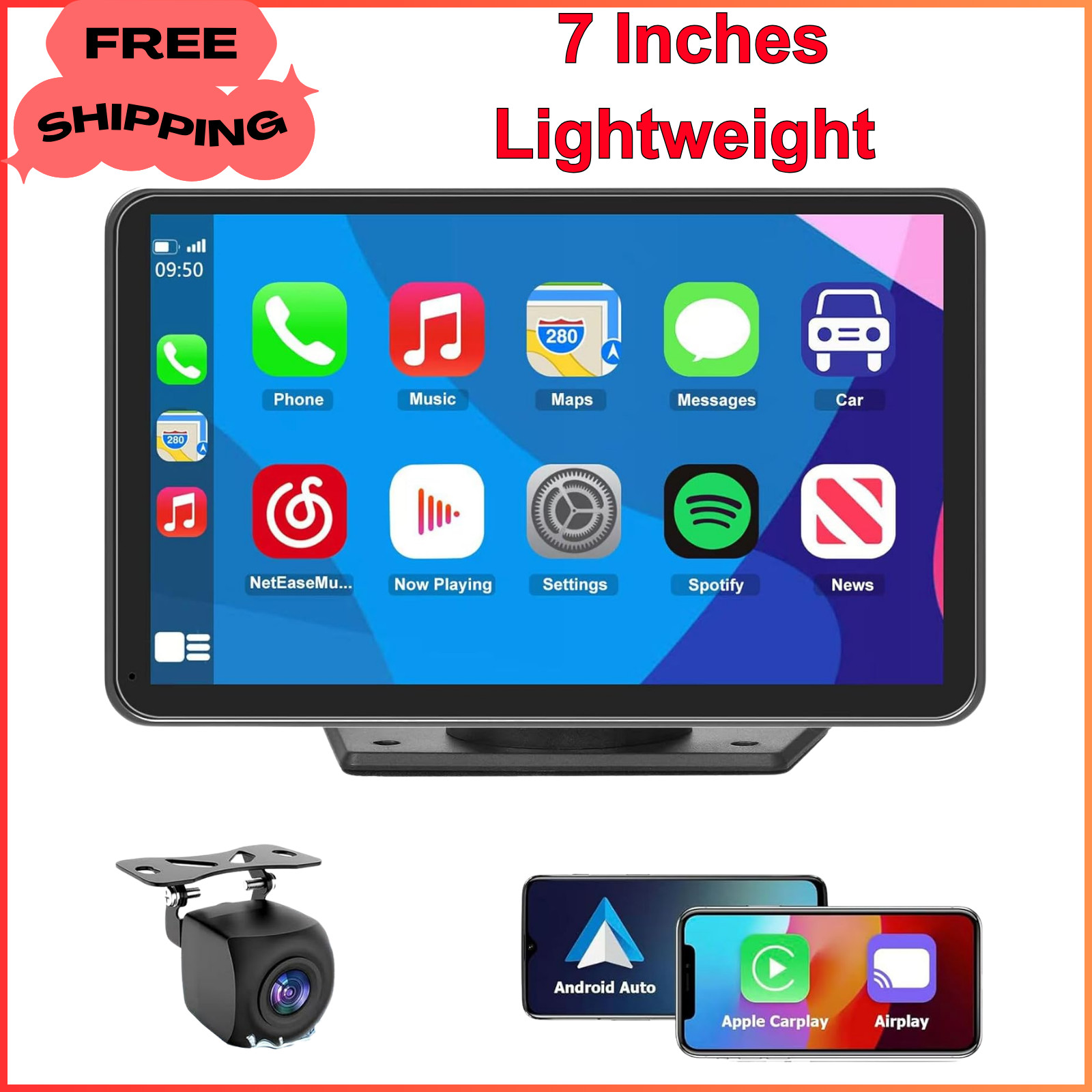 Wireless CarPlay Screen for Car, 7 Inch HD Portable Stereo Touchscreen W/ Apple