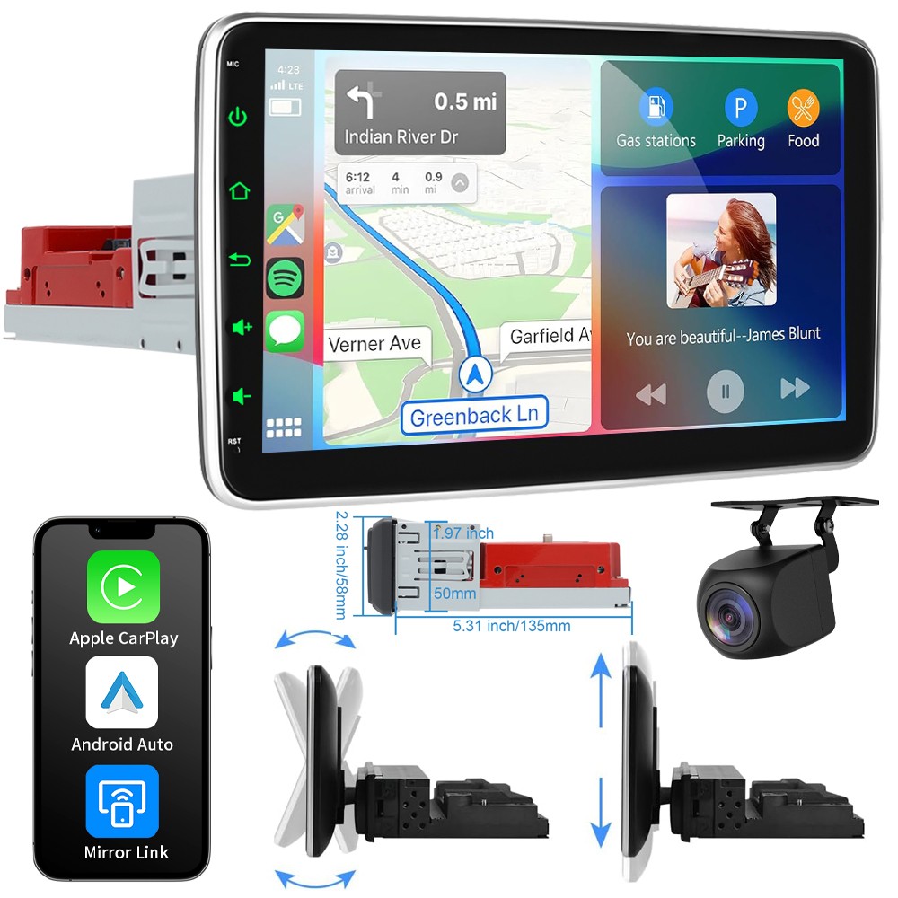 10” Rotatable Car Stereo Wireless CarPlay Android Auto GPS Head Unit Single DIN