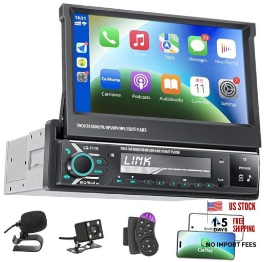 Single Din Car Stereo Screen with Wireless Carplay & Android Auto, 7′ Flip Out
