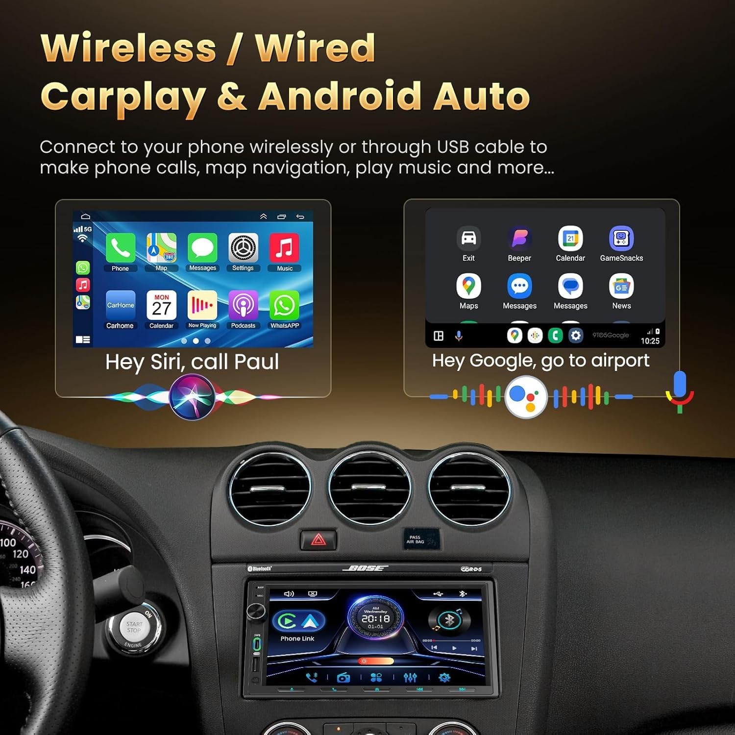 Double Din Car Stereo with Wireless Carplay & Android Auto – 7 Inch HD Touchs…
