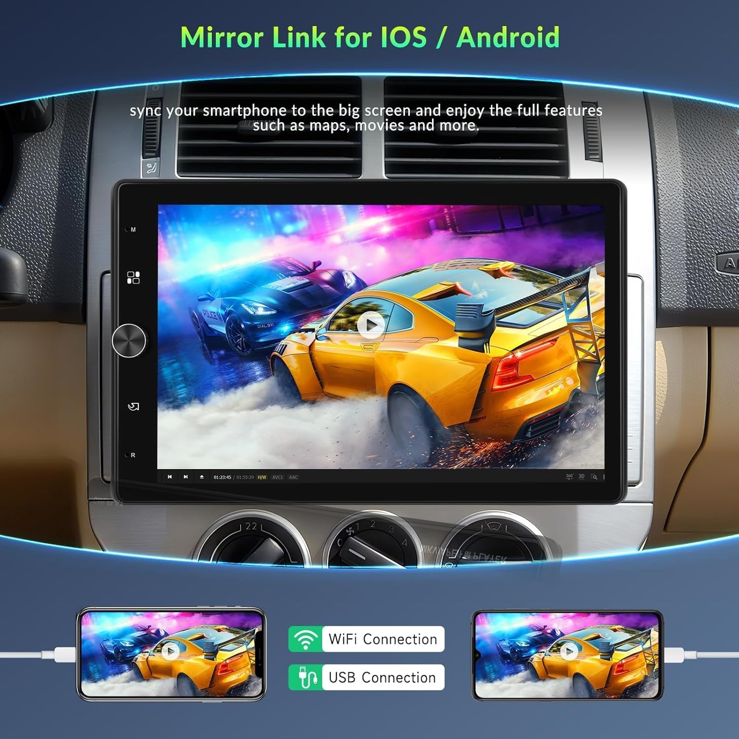 10.4″ Single Din Touchscreen Car Stereo with Wireless Carplay& Android Auto, …