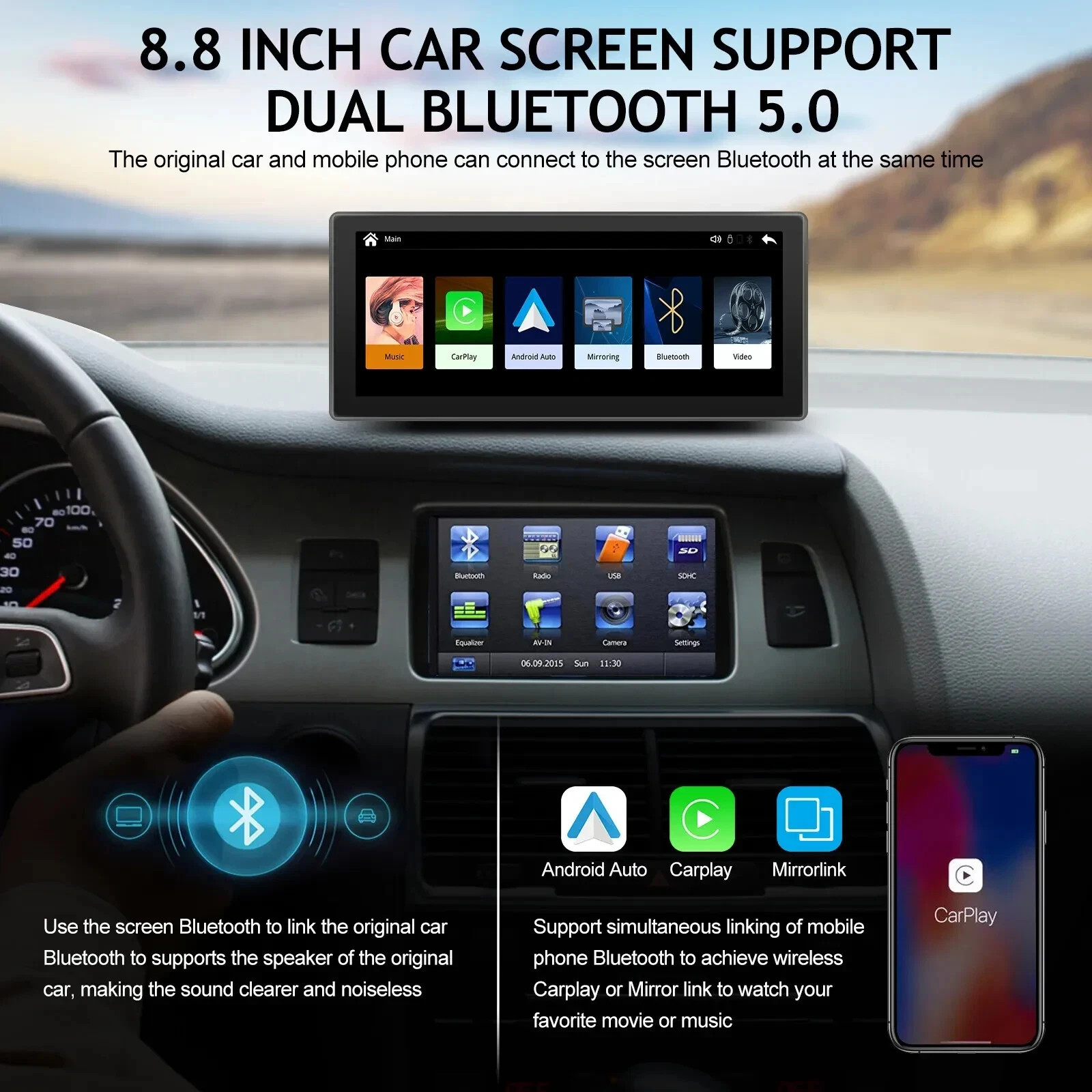 8.86” Car Portable Wireless Apple CarPlay Android Auto FM Touch Screen Radio