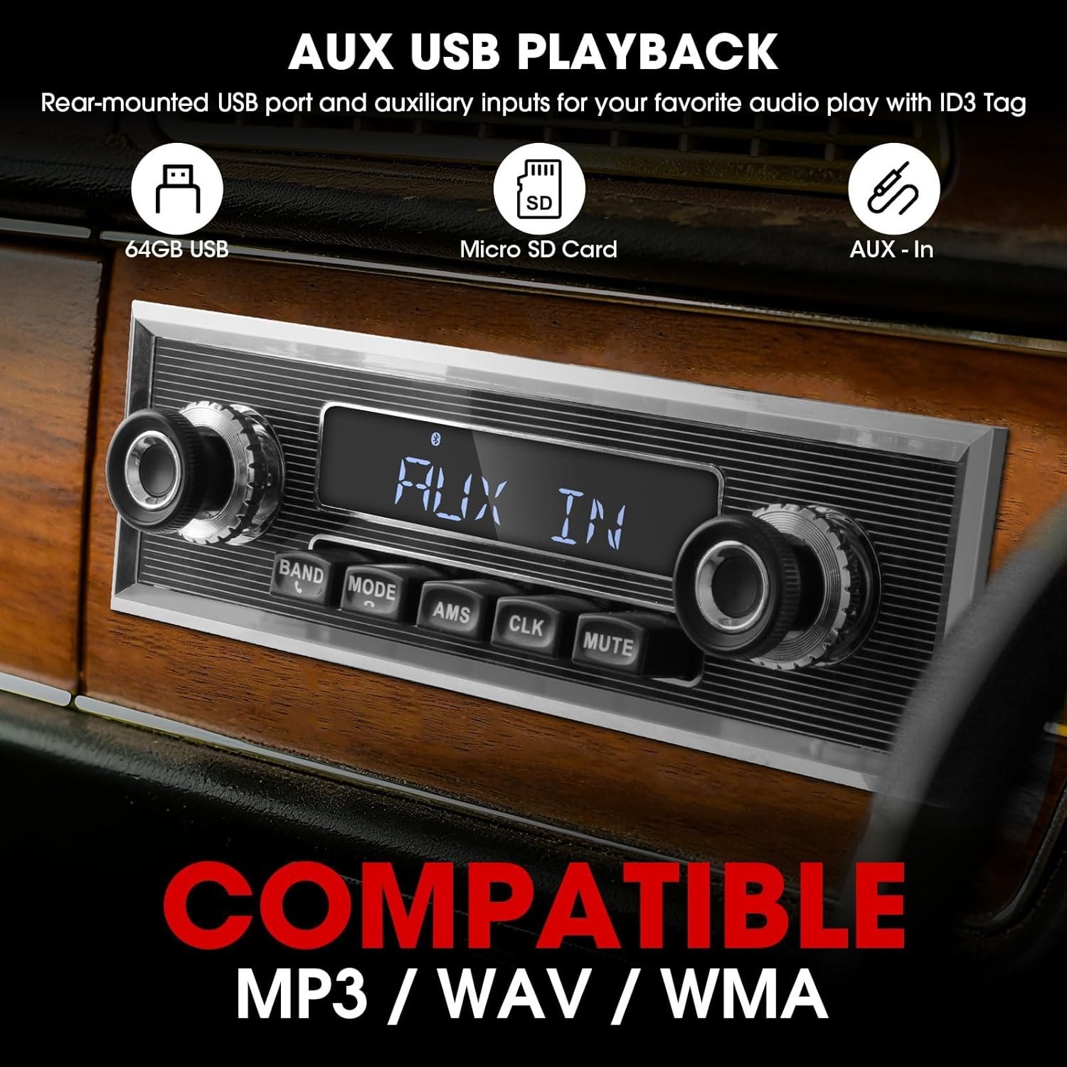 High Power Retro Car Radio – Bluetooth & AM/FM with USB/AUX – Classic 300W Sound