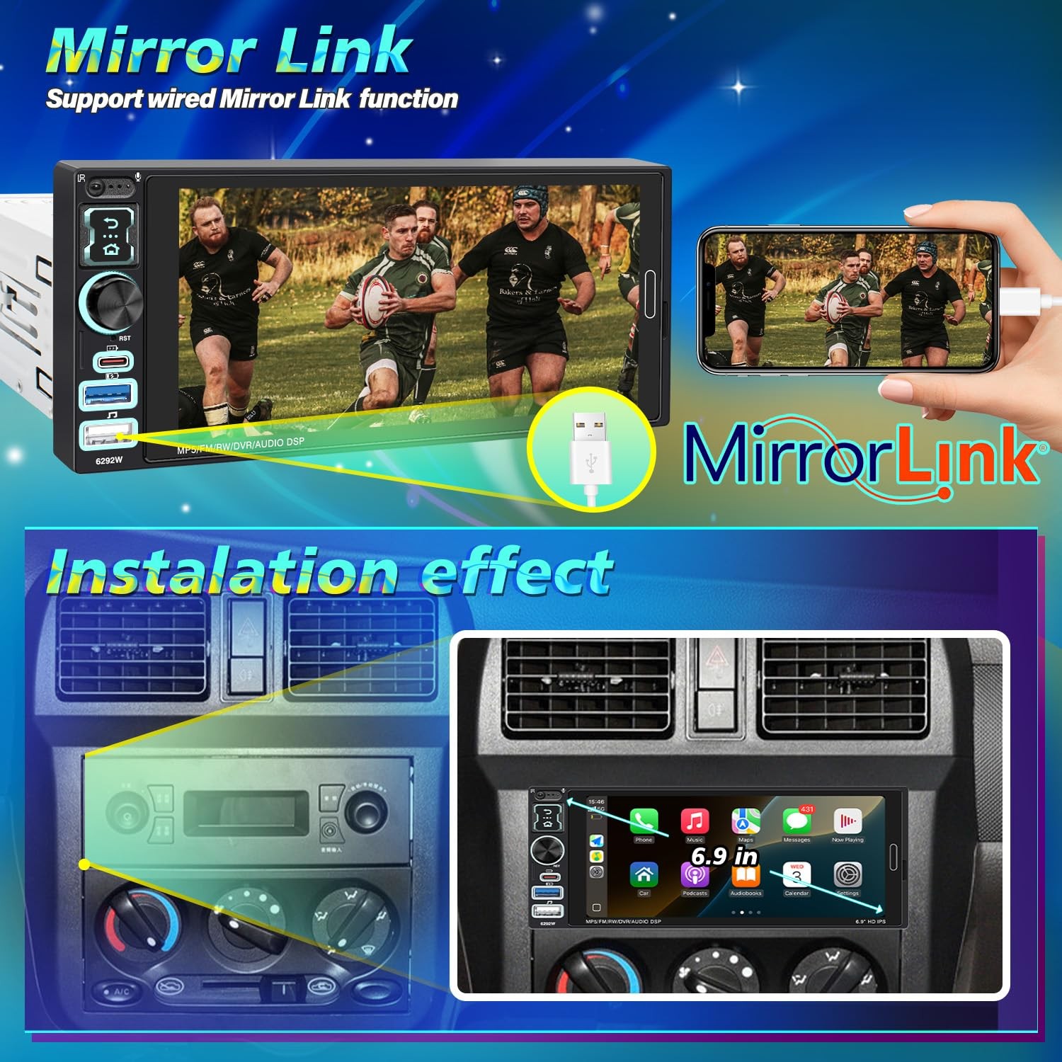 Single Din Car Stereo with Wireless Apple Carplay & Android Auto, 6.9″ IPS To…
