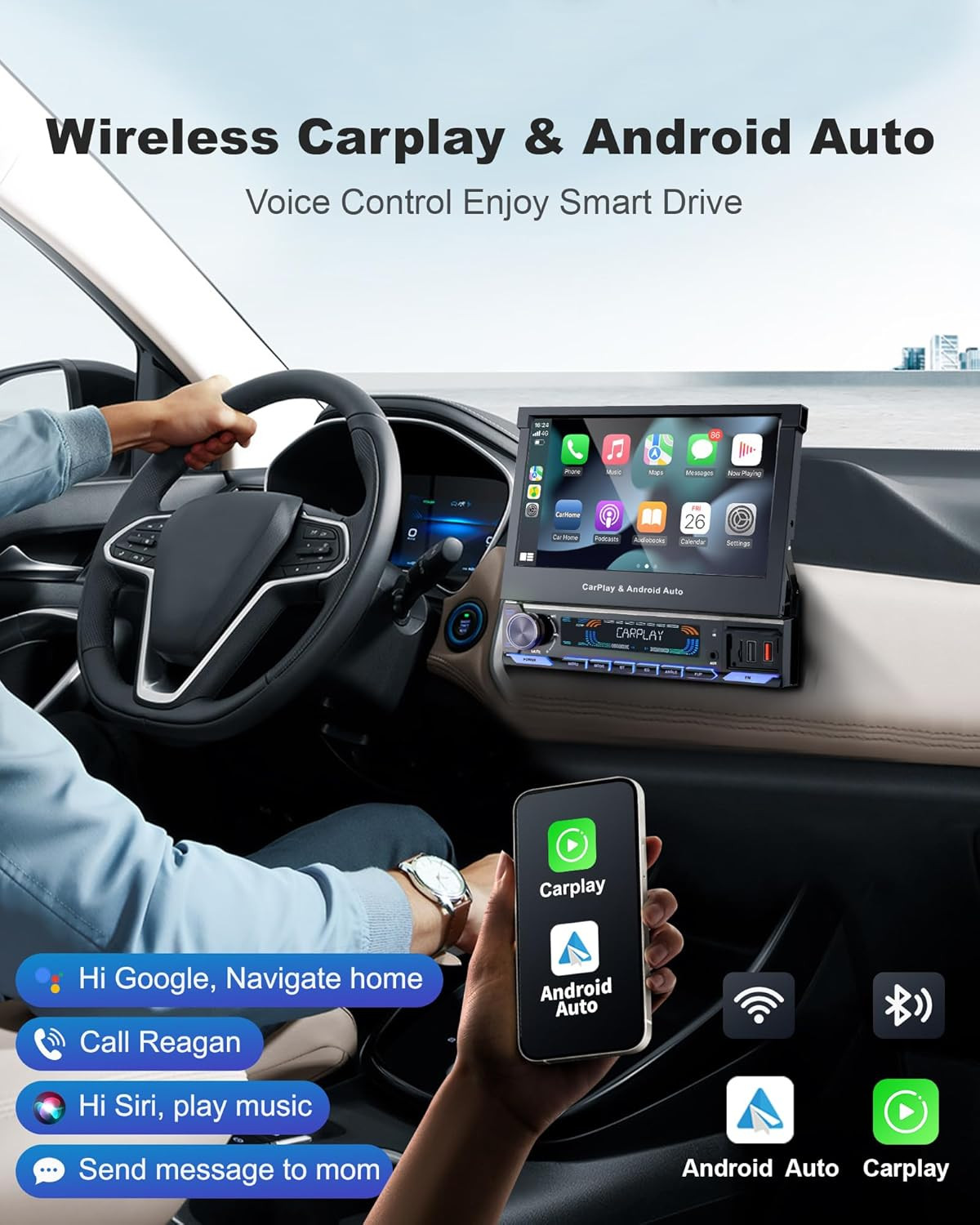 Single Din Car Stereo with Wireless Apple Carplay & Android Auto, 7-Inch HD Moto