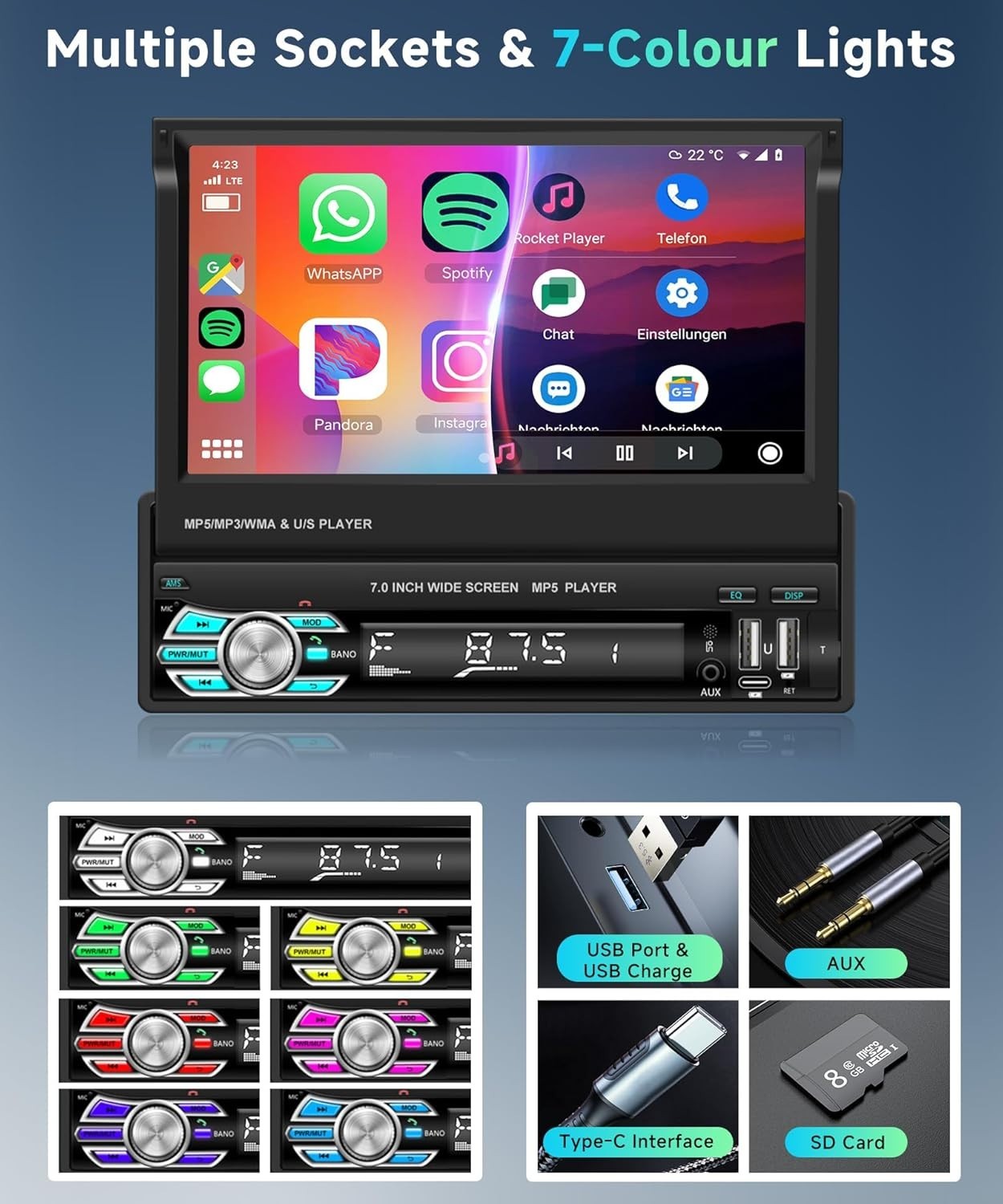 Wireless Carplay Single Din Car Stereo 7 Inch HD Flip Out Touchscreen Car Rad…