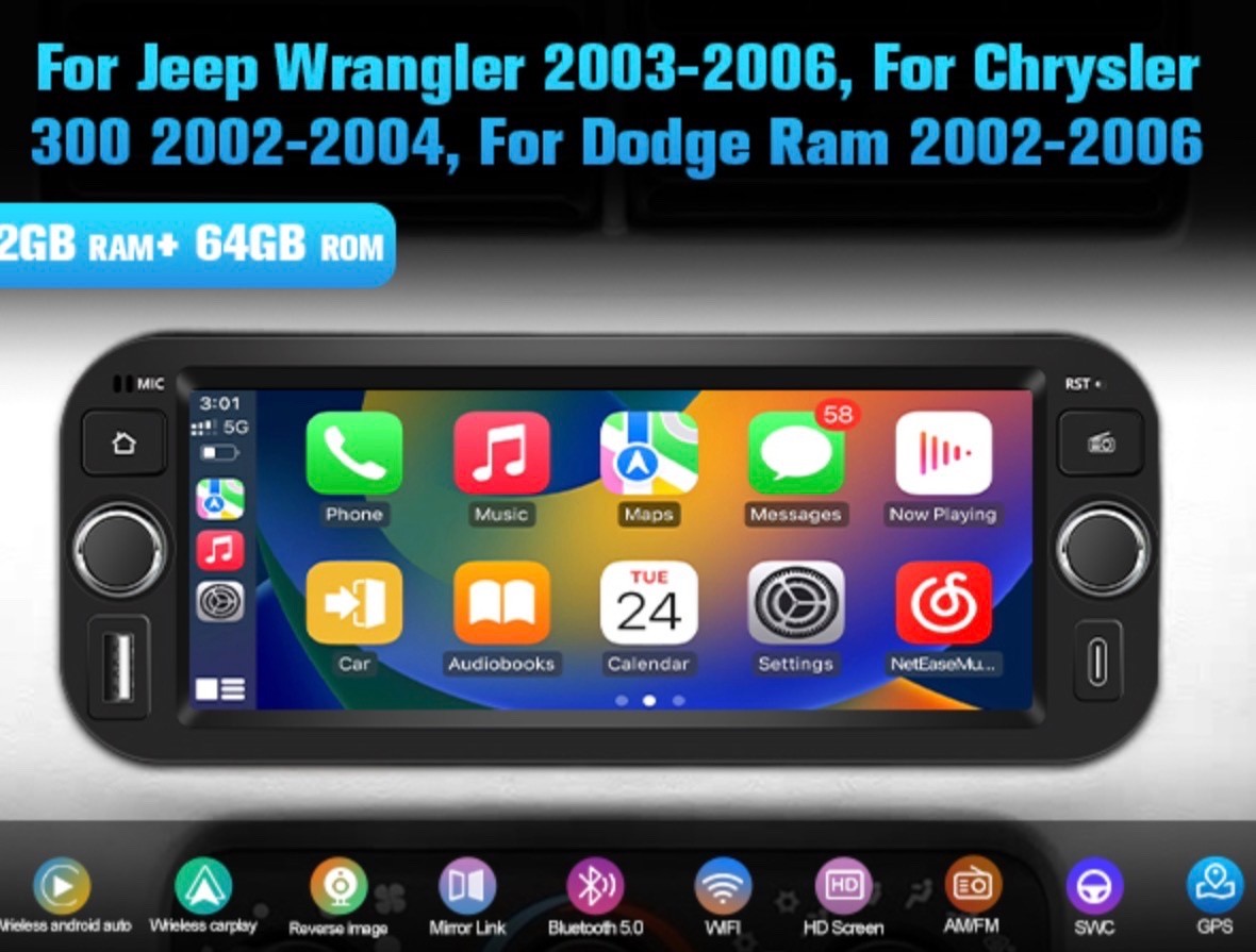 Car Stereo for Jeep Wrangler 2003-2006 Dodge RAM2002-2005 GPS 2+64GB AndroidAuto