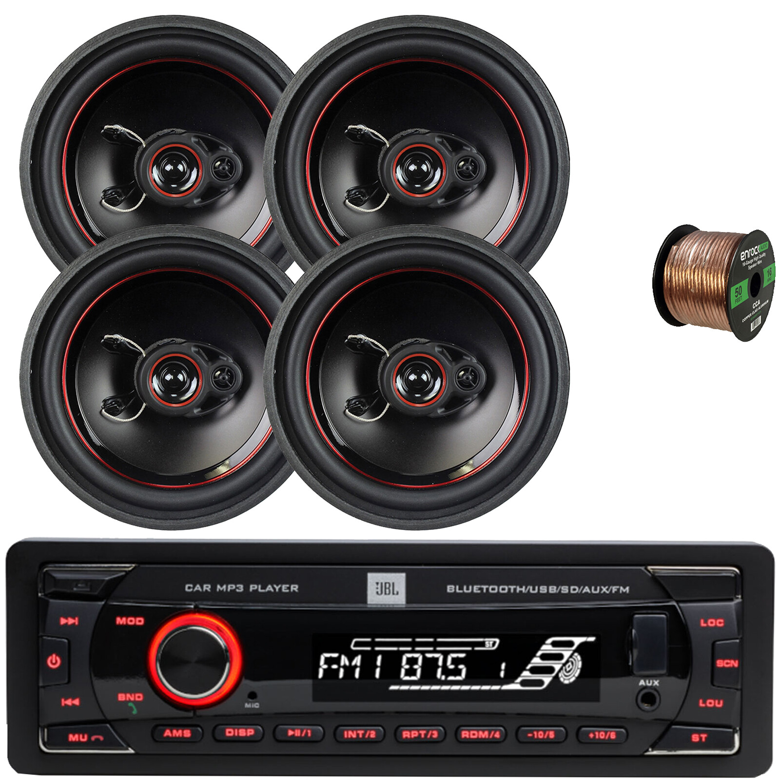 JBL Single-DIN Bluetooth FM SD/MP3 Stereo, 4x 6.5″ 330W Max Tri Axial Speakers