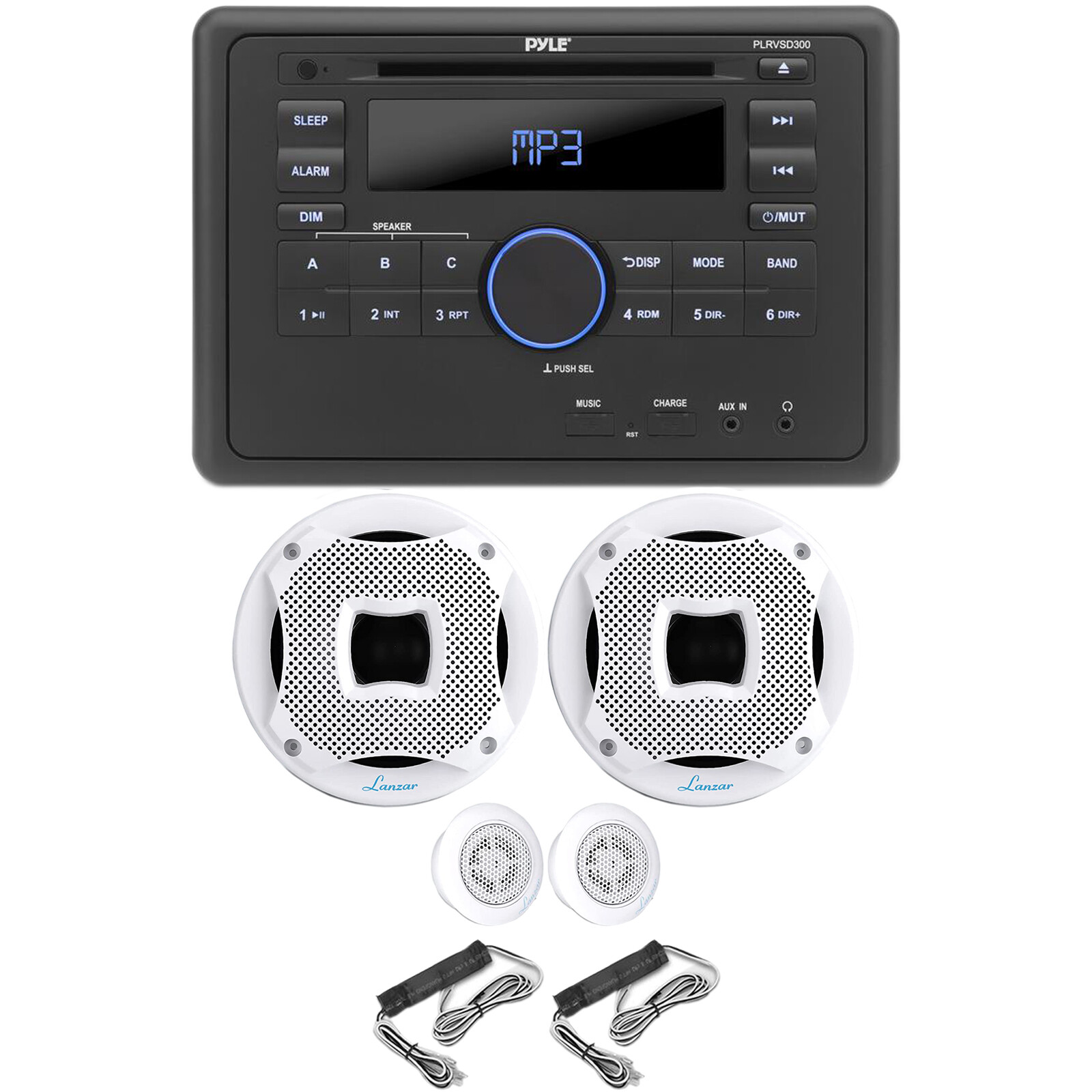 Pyle PLRVSD300 1-DIN Receiver, 2x 6.5″ 450W 2Way White Marine Component Speakers