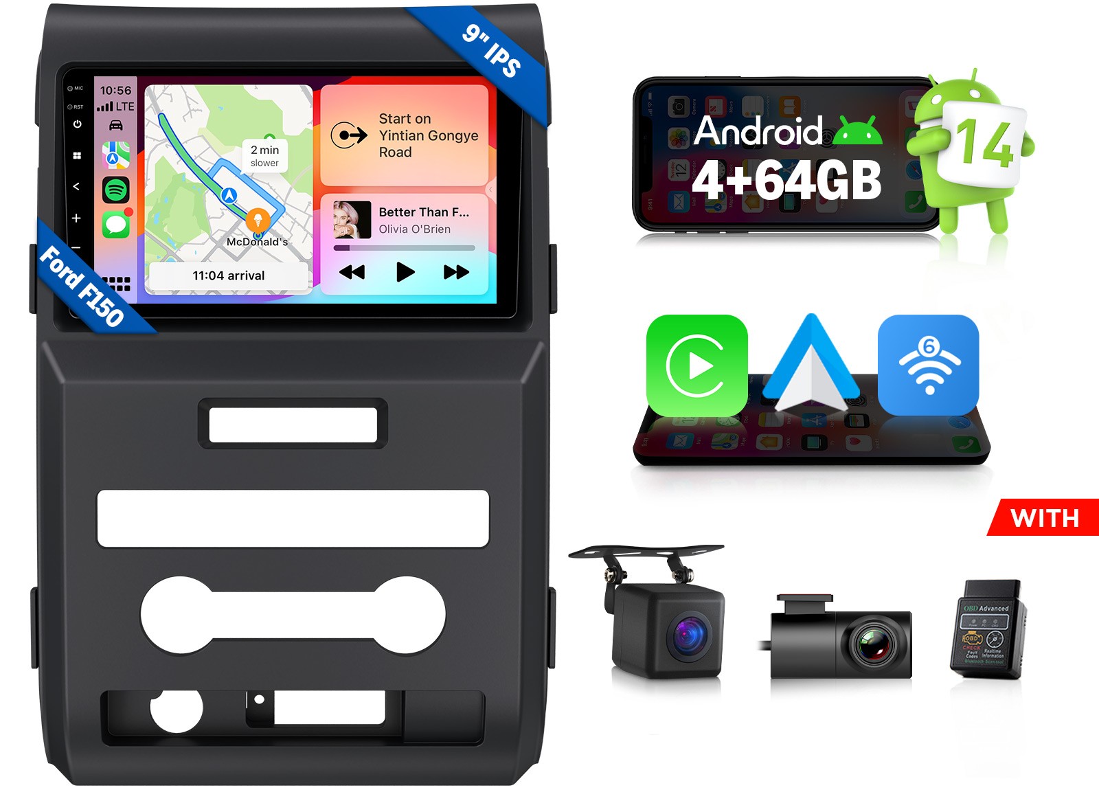 Eonon FDF1X7A 9″ IPS Android 14 4+64GB Car Radio CarPlay for Ford F150 2009-2014