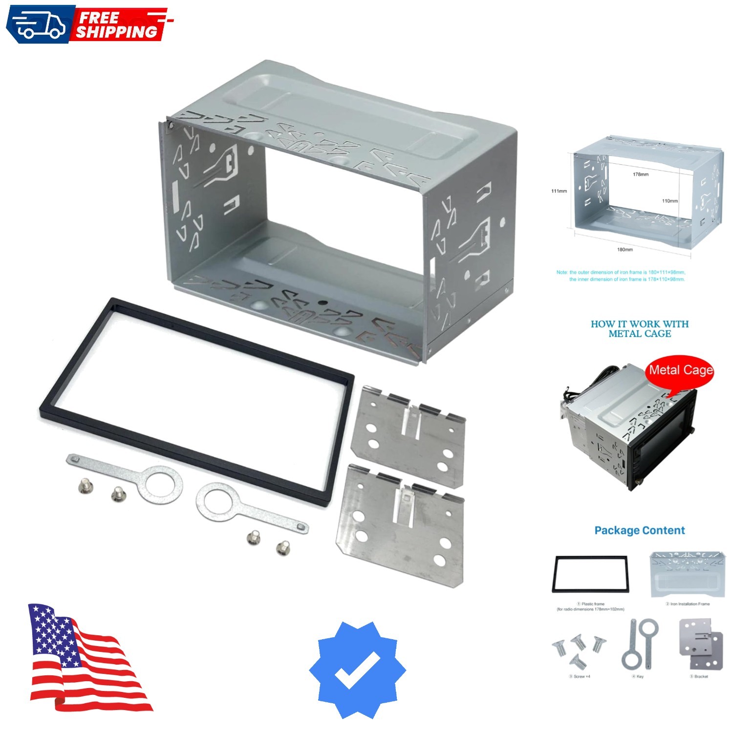 Car Stereo Double DIN Universal Cage with Frame, Installation Dash Kit Mounti…
