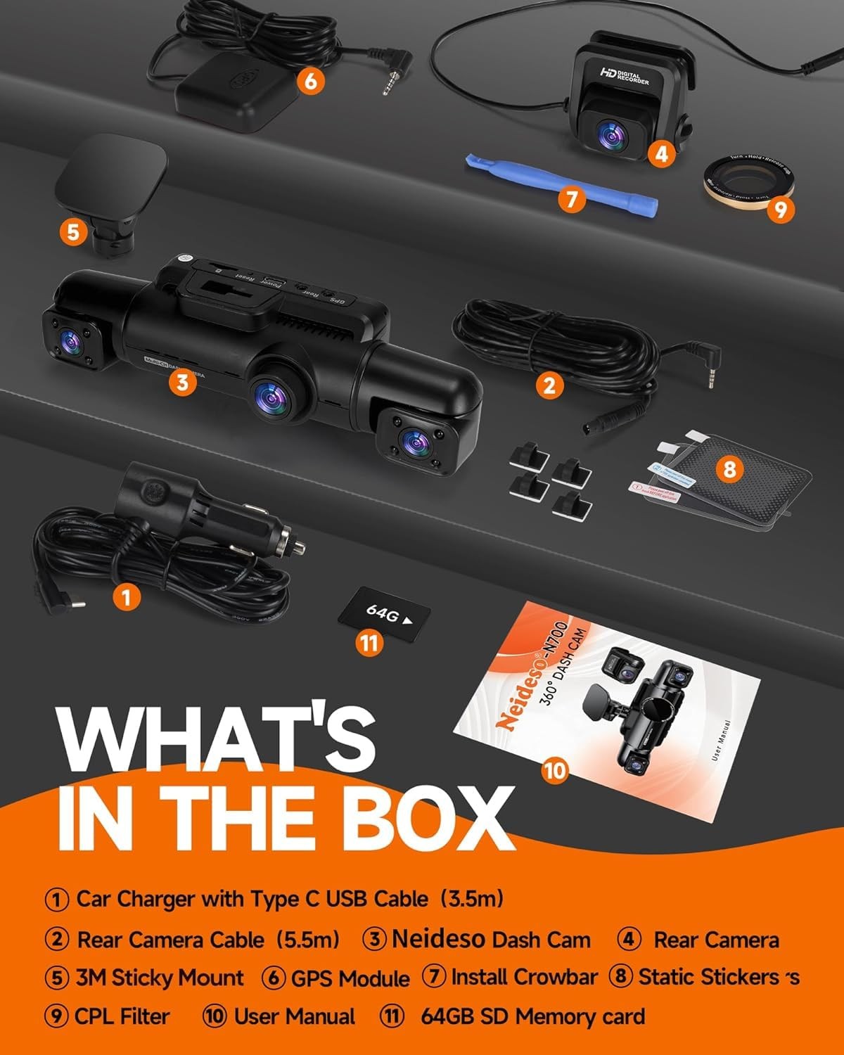 Neideso N700 360° 4-Channel Dash Cam: Front/Rear/Inside 3K+3*1080P, 5GHz WiFi GP