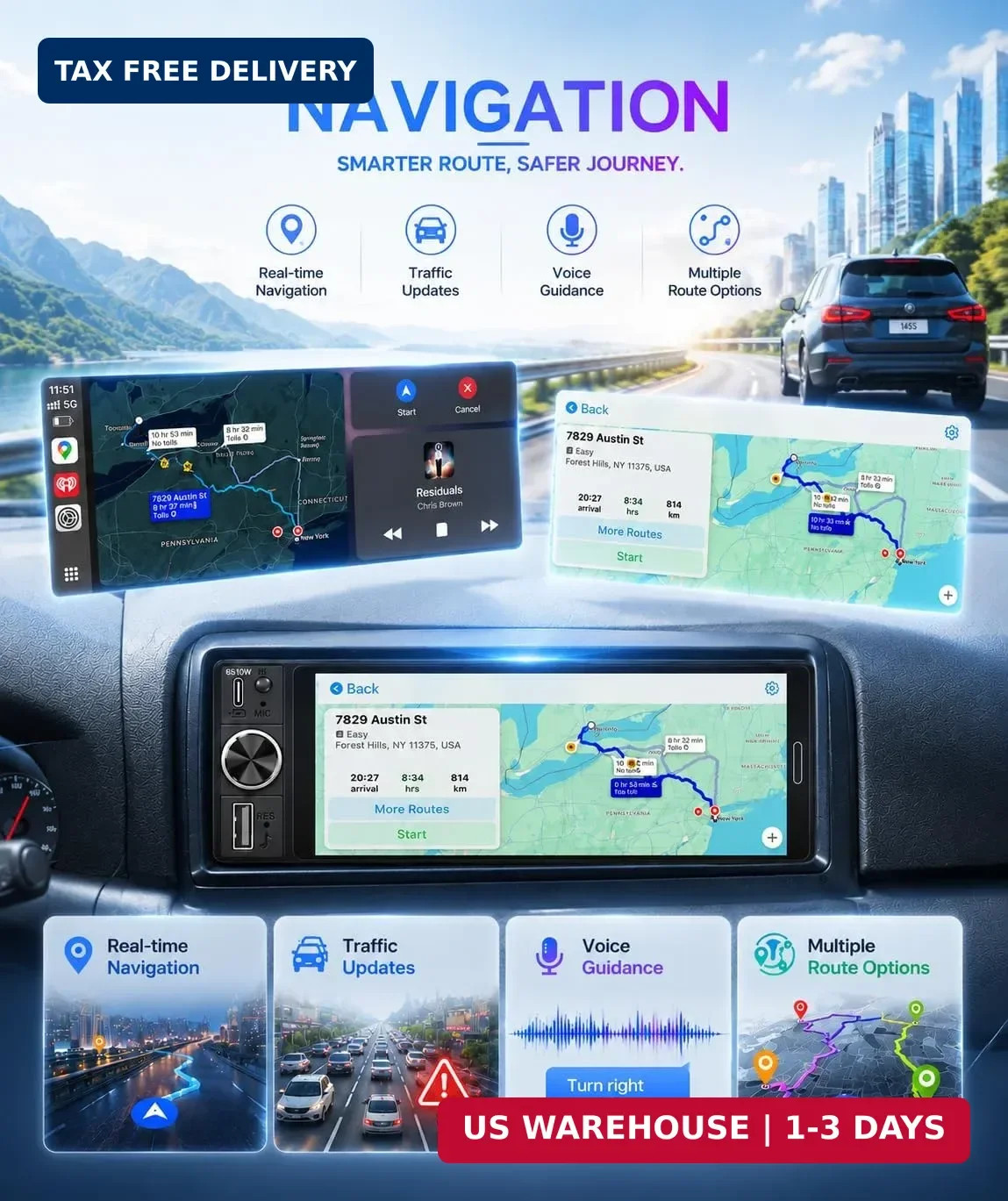 6.5″ Wireless Single Din Car Stereo with Apple CarPlay 720×1280 HD in Cell Touch