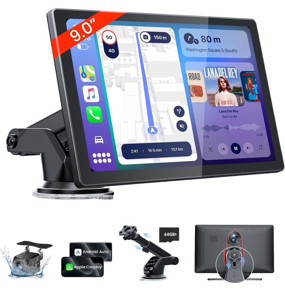 TECXERLLON 9″ Wireless Portable Carplay Screen & Android Auto Touch Screen Black