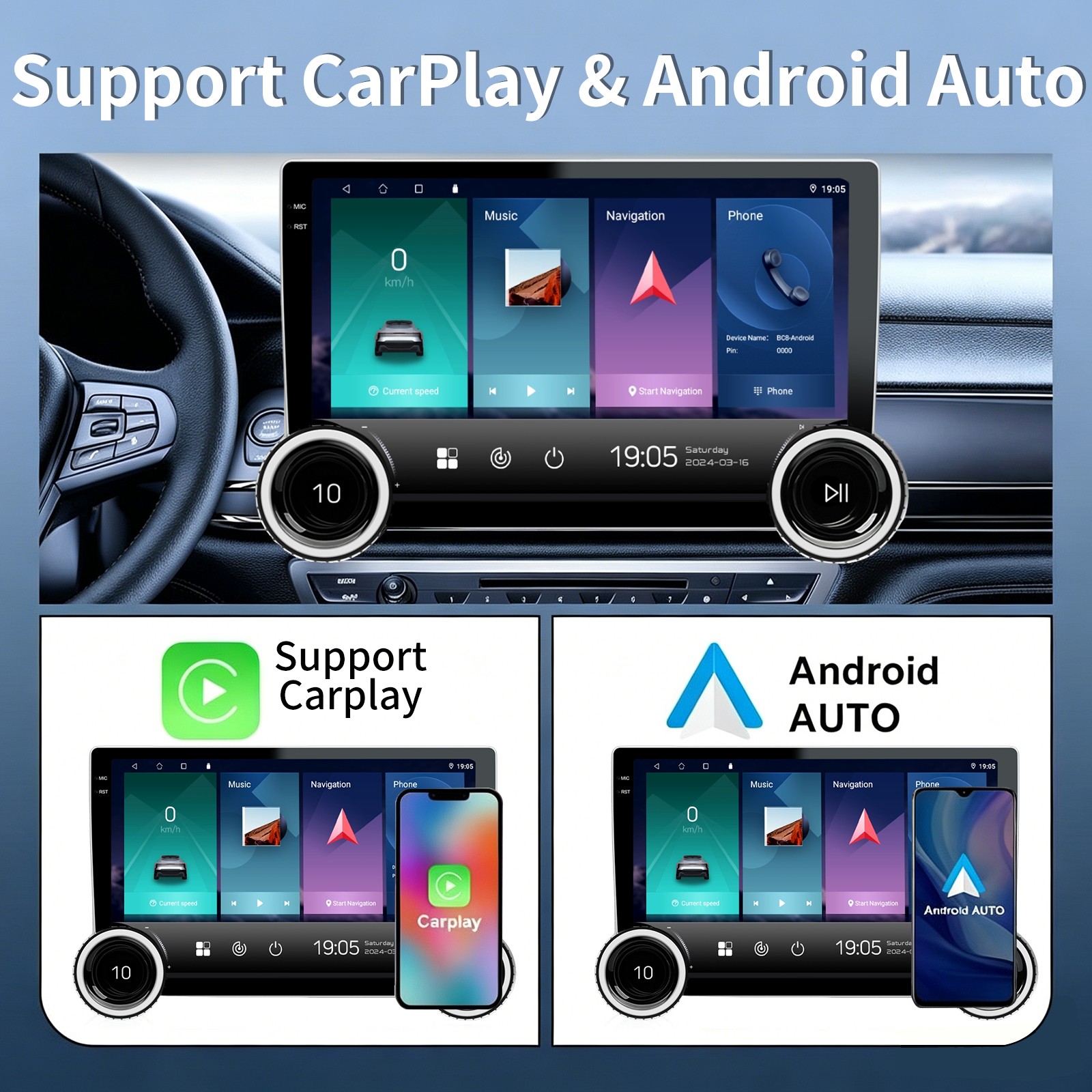 10.1″ 2 Din Touch Screen Stereo Bluetooth Radio Apple Carplay Android Auto + Cam