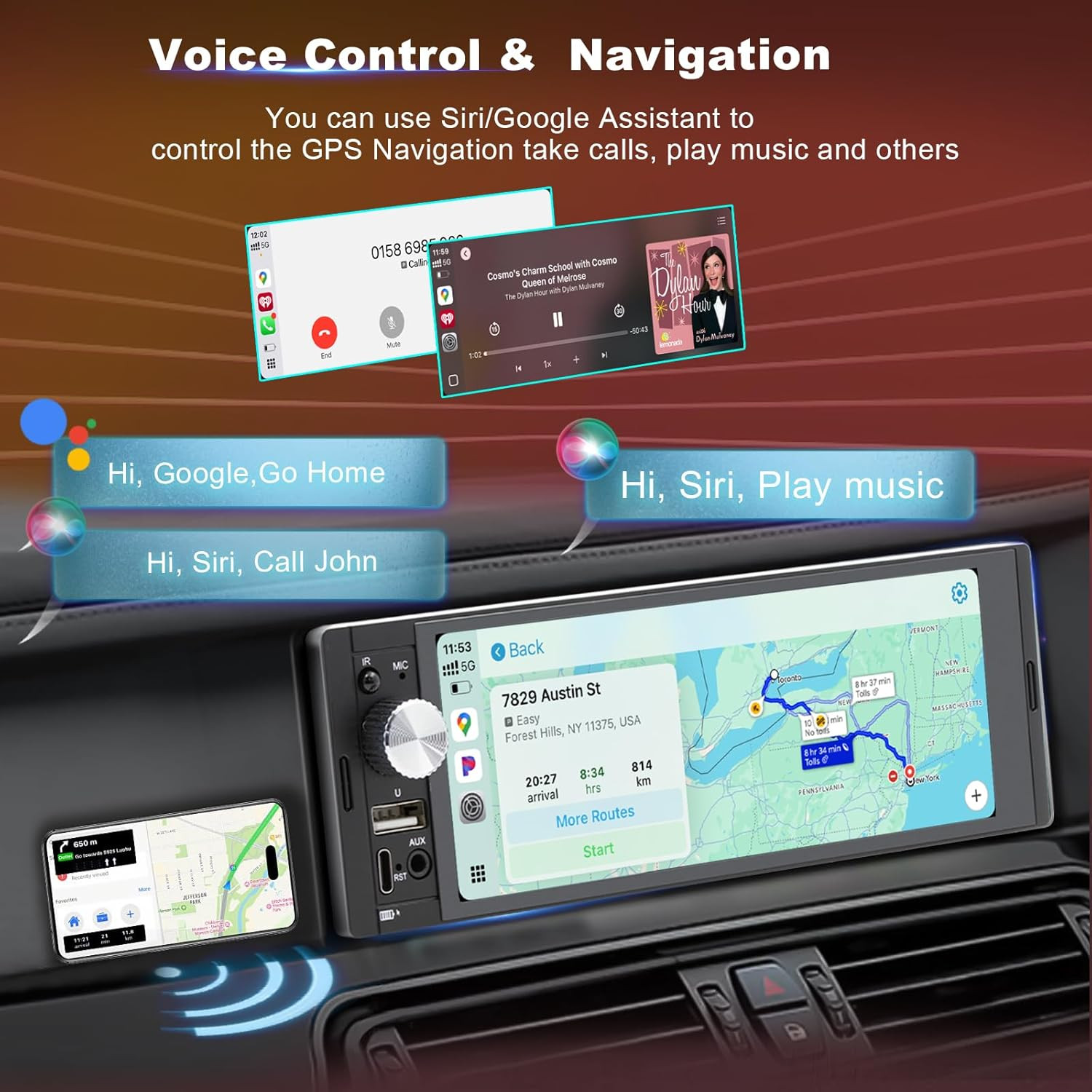 Single DIN Car Stereo with Wireless Apple Carplay Car Radio Android Auto, 6.36″