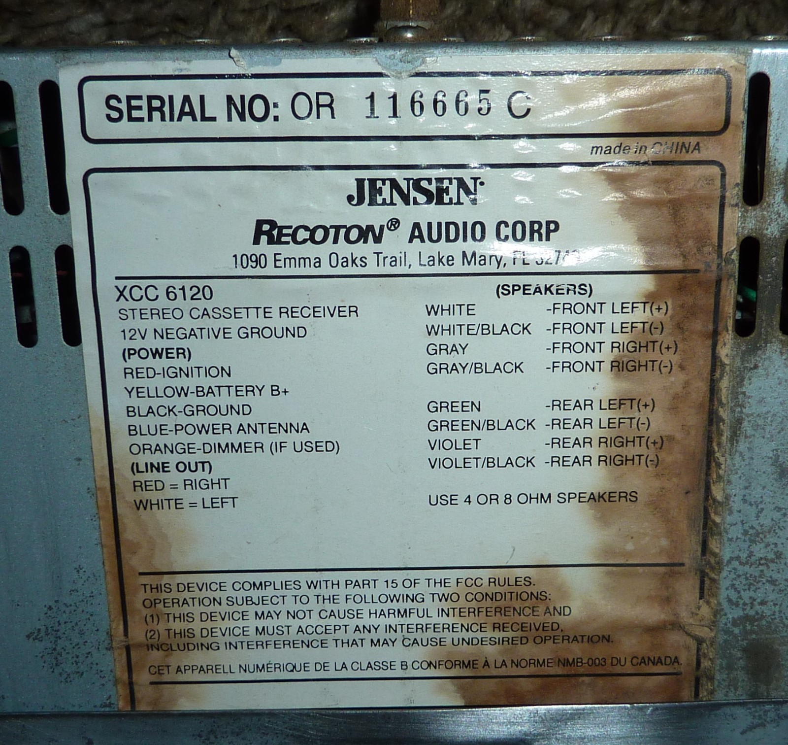 Jensen CDC Controller XCC6120 Car AM/FM Stereo Cassette Receiver