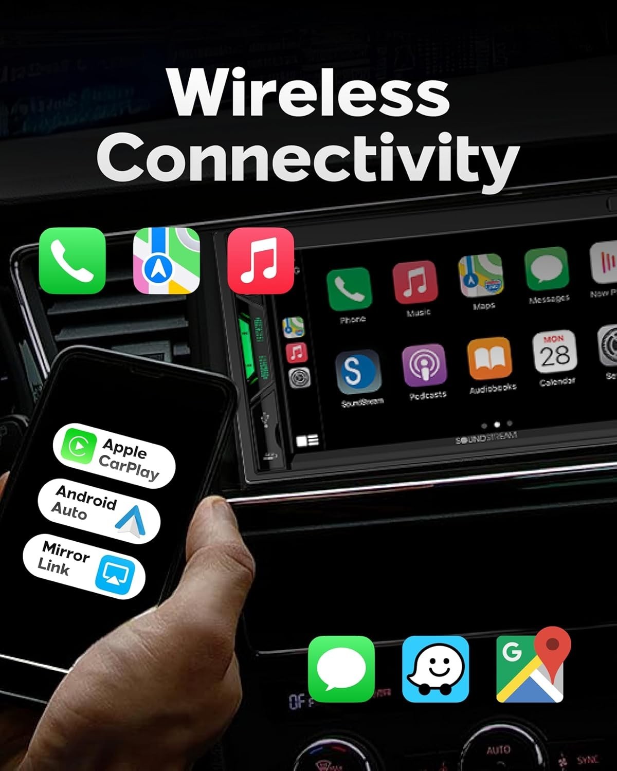 Soundstream VRCPAA-7DR – 7″ Double Din Car Stereo, Wireless CarPlay Android Auto
