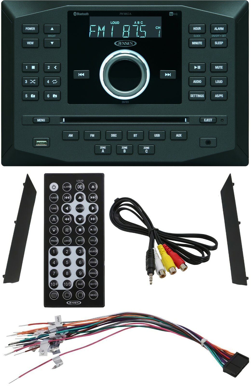 Jensen JWM62A Wallmount Bluetooth RV Stereo with App Control, DVD|CD|USB|AUX|RCA