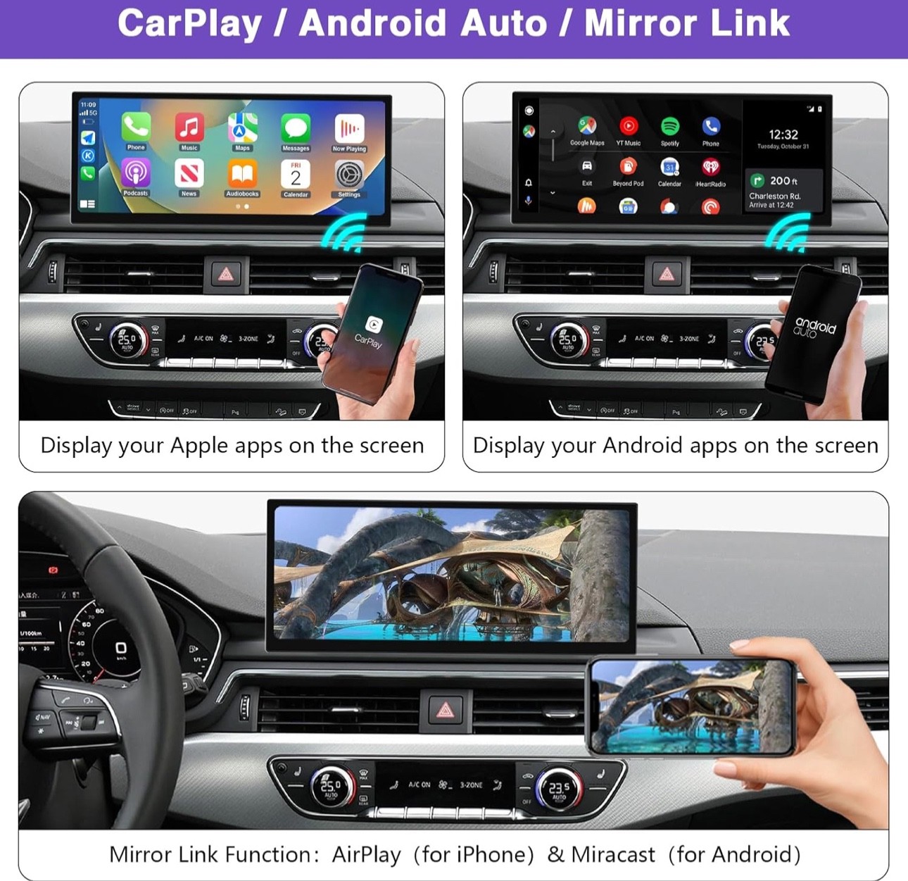 2025 Upgraded 12.3″ Ultra-Narrow Touchscreen Wireless CarPlay Android Auto Recei
