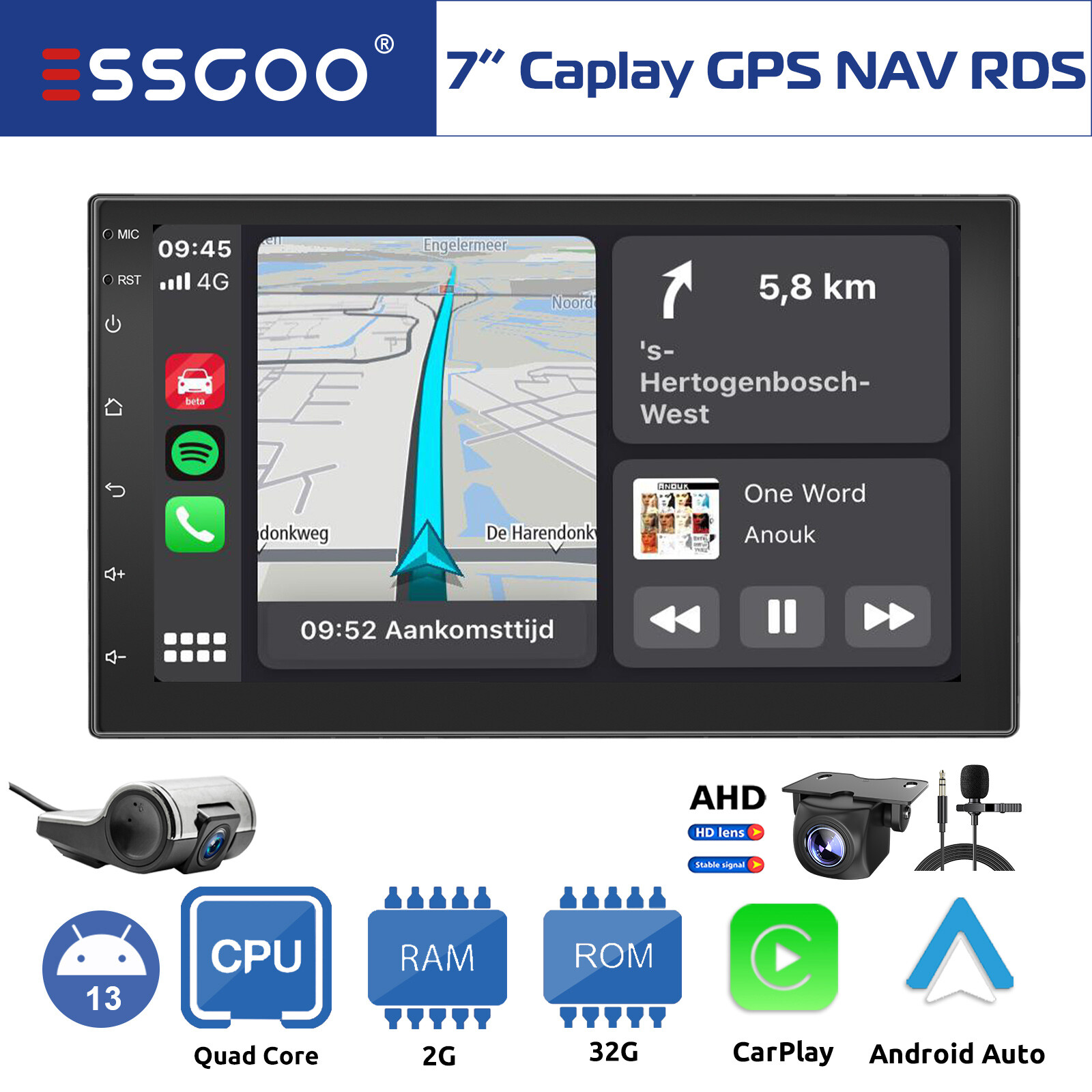 7 Inch Android 13 Carplay Car Stereo Bluetooth GPS Navi 2+32G 2 DIN + Camera DVR