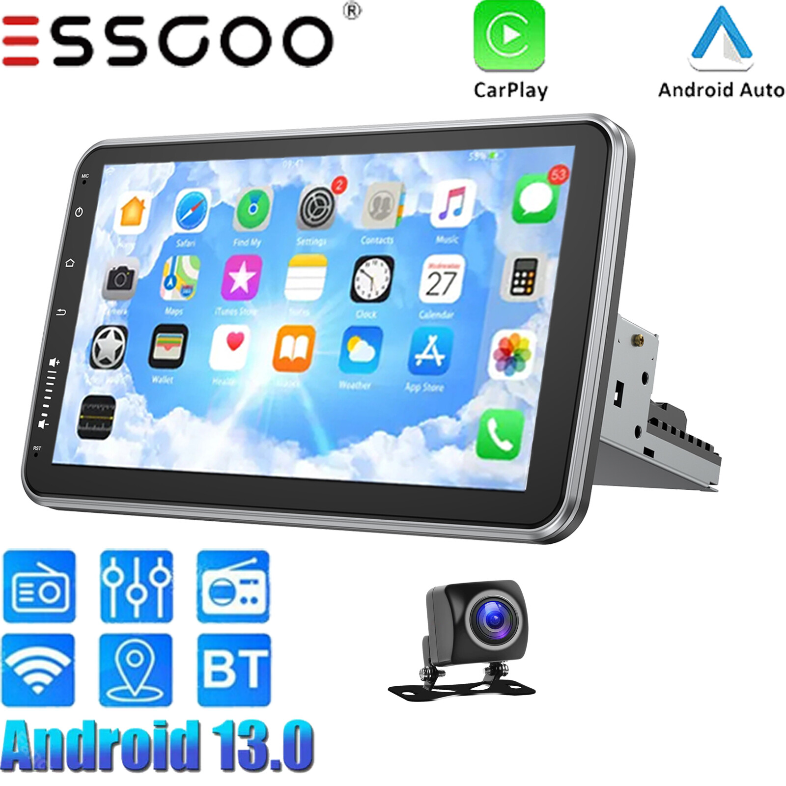 1 DIN +Cam 4+64G Rotatable Car Stereo Radio 10.1” Android 13 GPS Apple CarPlay