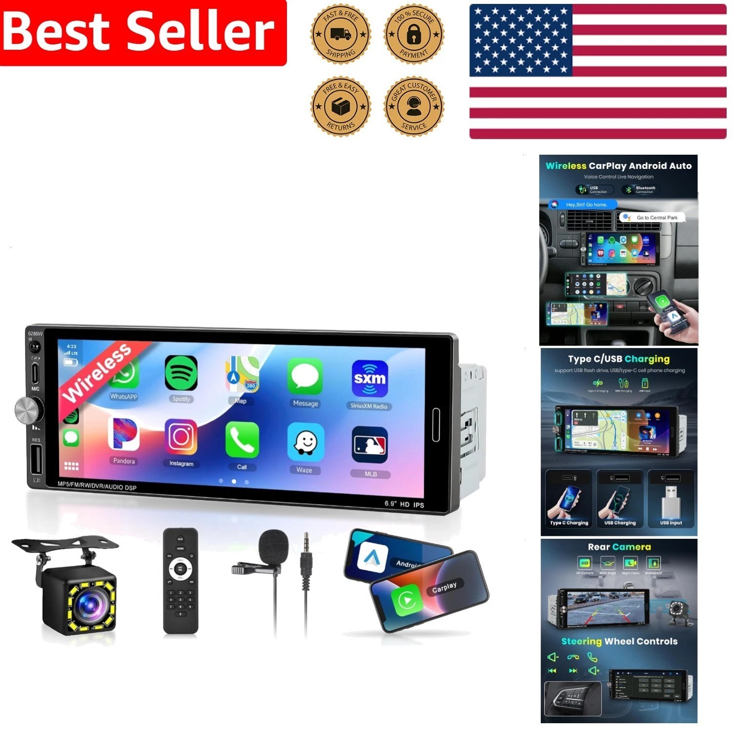 Single Din Car Stereo Head Unit Wireless CarPlay Android Auto Type-C FM