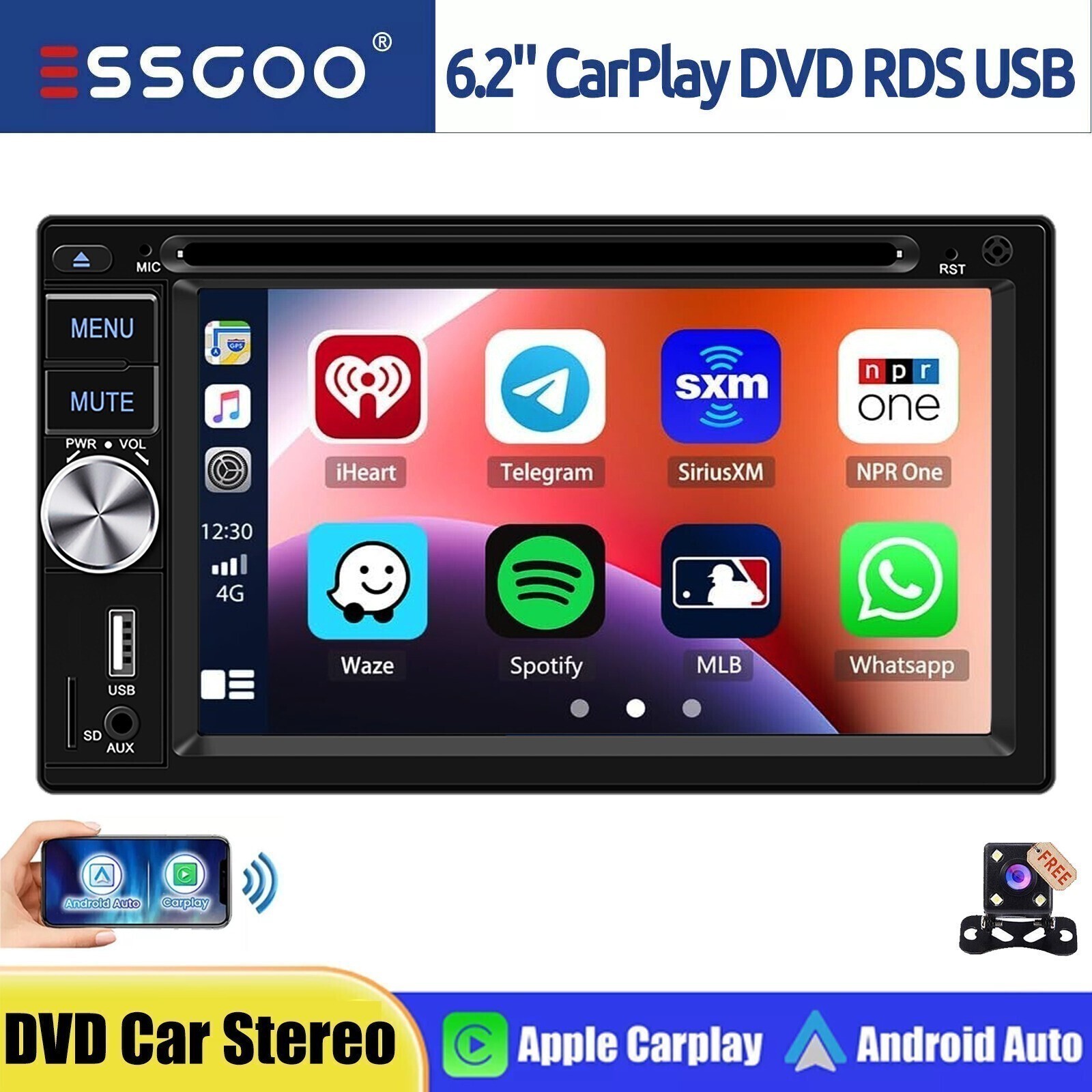 6.2″ 2 DIN Carplay Android Auto Stereo Radio CD DVD Player Bluetooth FM AM CAM