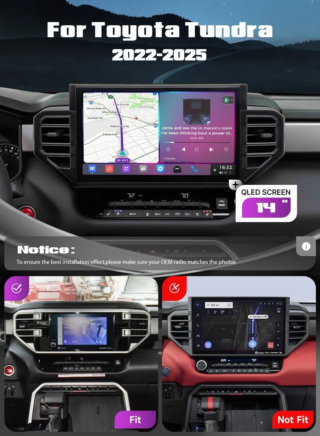 Dasaita 14″ Car Stereo for Toyota Tundra 2022-2025 2K QLED Carplay BT 5.0 AM/FM