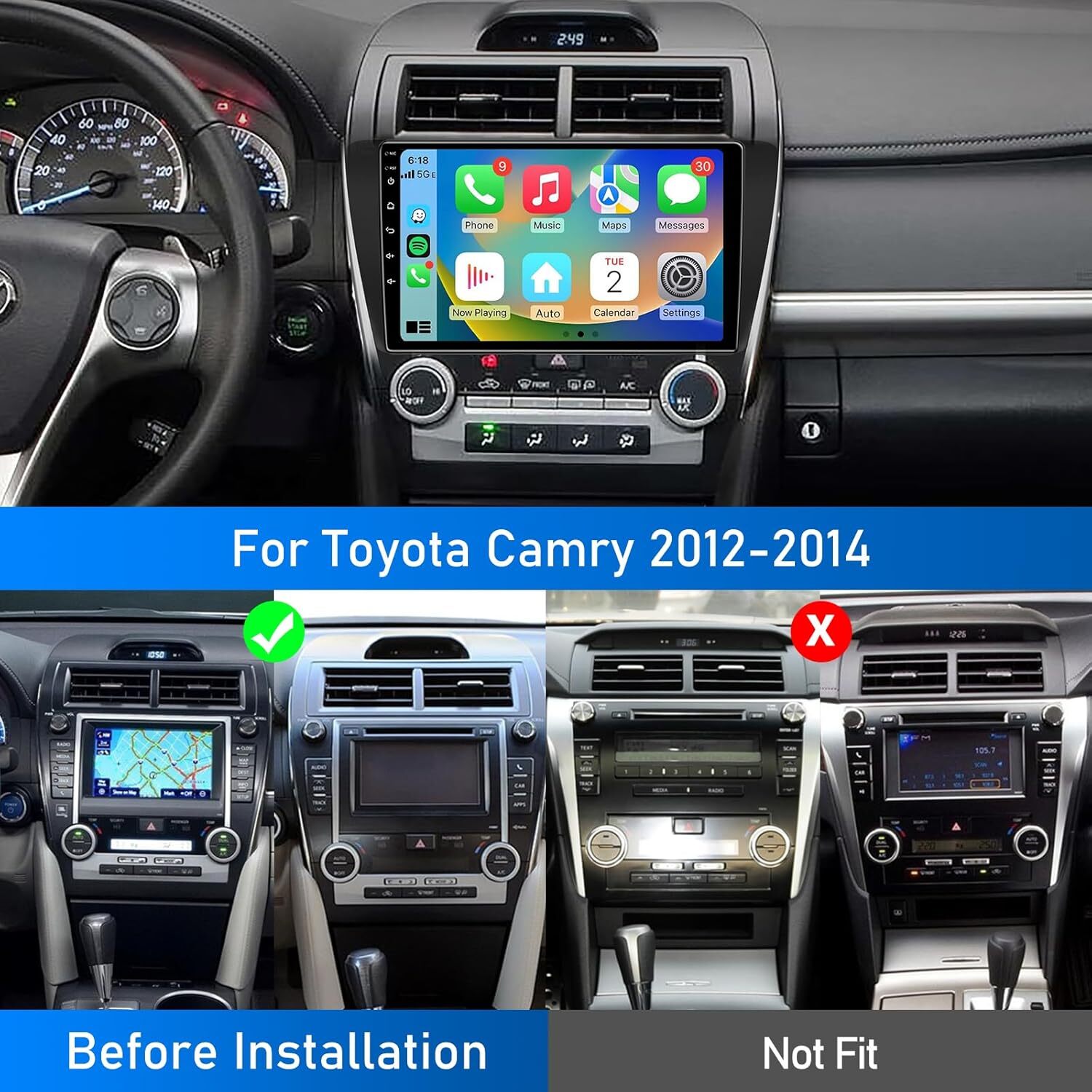 For 2012-2014 Toyota Camry 10.1″ Car Stereo Radio Android 12 Carplay GPS +Camera