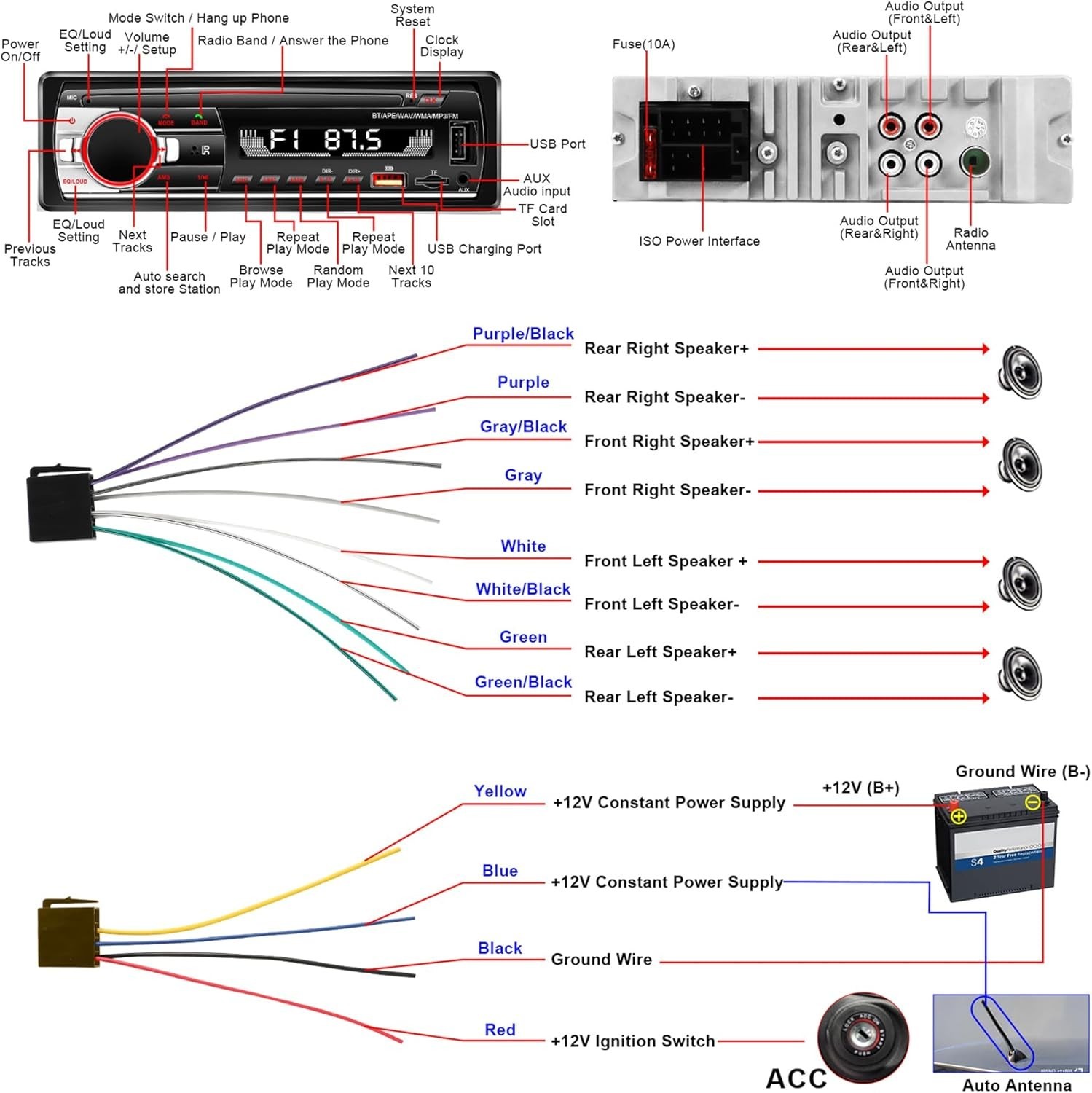 Advanced Single DIN Car Stereo with Bluetooth & Hands-free Calling, 4X50W