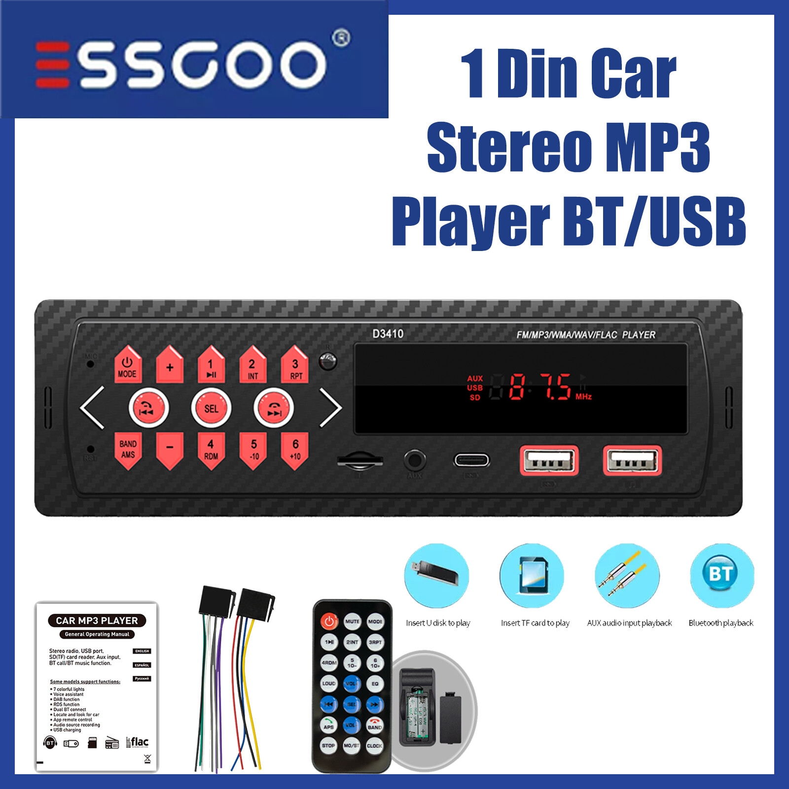 Car Stereo Single Din Radio Bluetooth AM FM Audio Player Head Unit USB AUX MP3