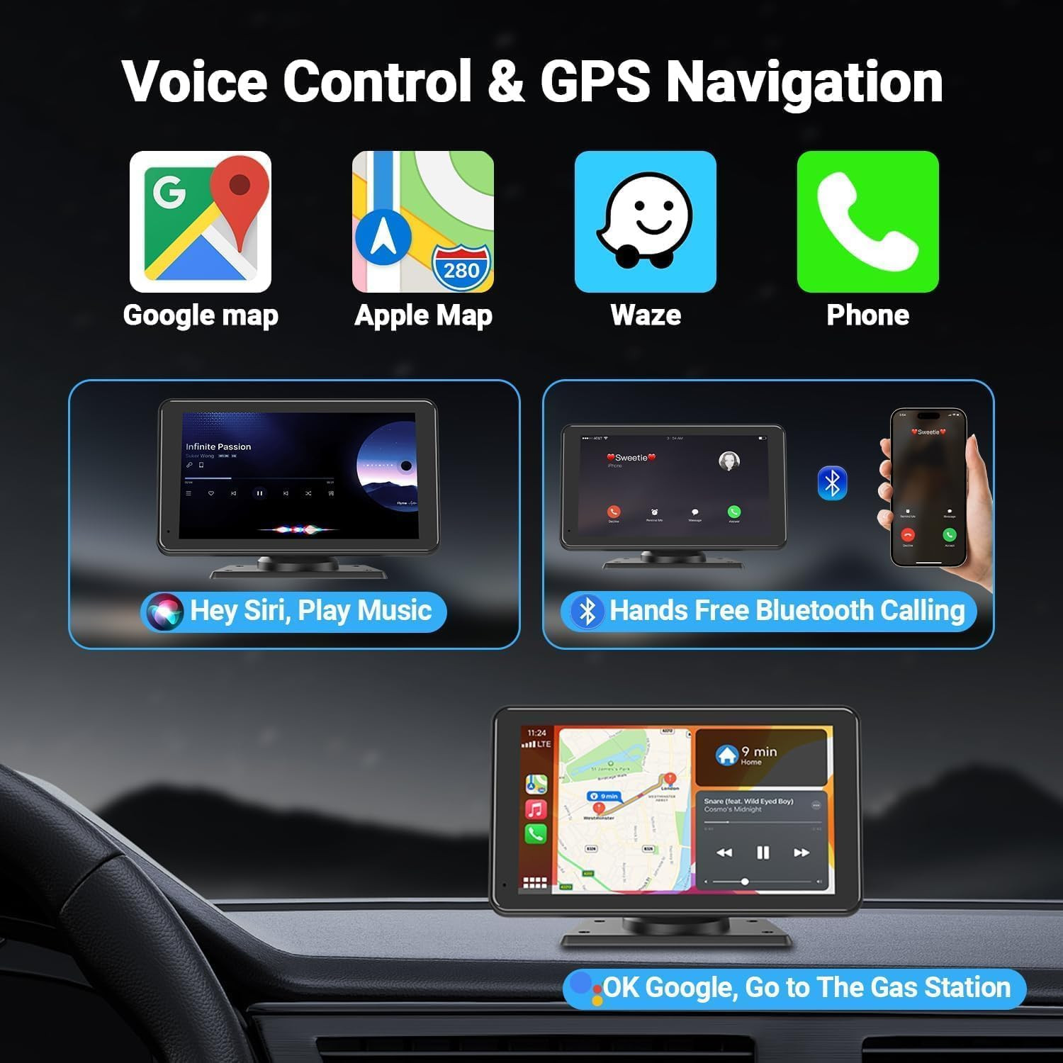 Carplay Wireless Portable Touchscreen Car Stereo Bluetooth Voice Control 7″ for